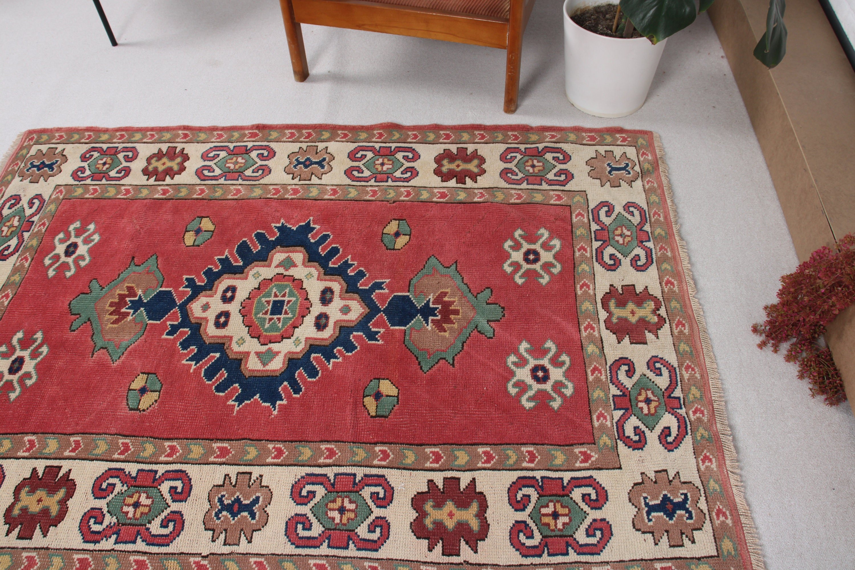 Oturma Odası Halıları, Boho Alanı Halıları, Vintage Halı, Yer Halısı, 4,2x5,8 ft Alan Halısı, Oryantal Halı, Türk Halısı, Kırmızı El Dokuma Halılar