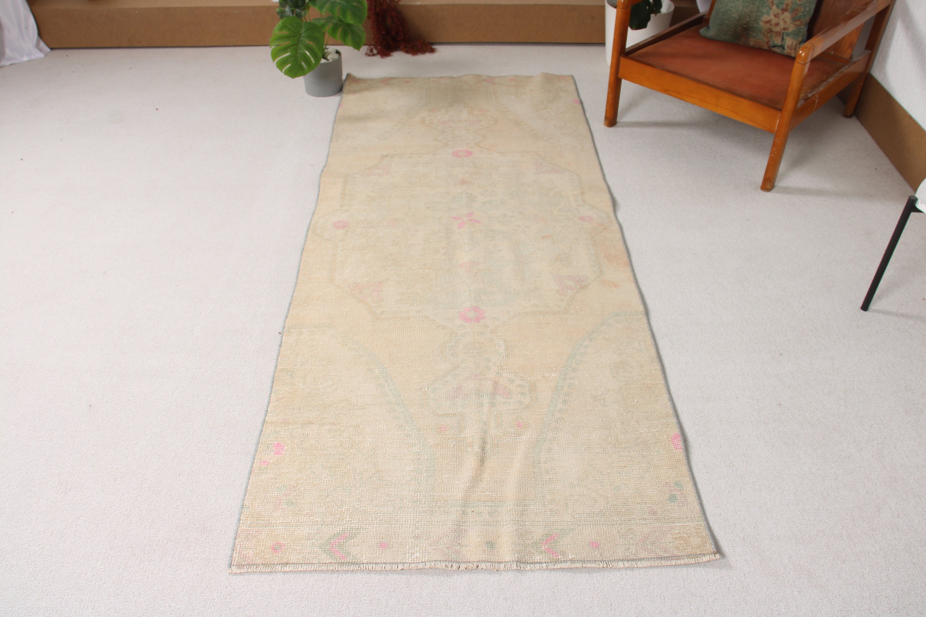 Dekoratif Halı, Mutfak Halısı, Vintage Halı, Türk Halıları, Oushak Halısı, Boho Accent için Halılar, Bej 3.1x7.2 ft Accent Halı