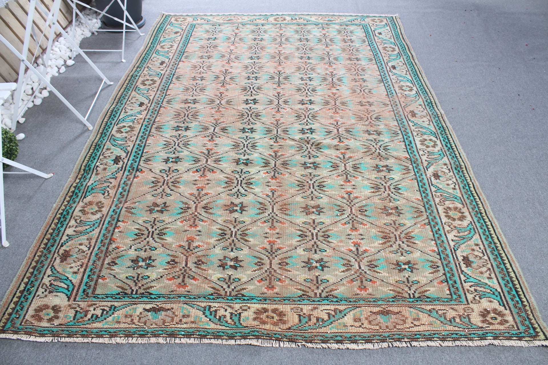 Yemek Odası Halıları, Türk Halıları, Oushak Halıları, Yeşil Oryantal Halı, Oturma Odası Halısı, 6.1x8.9 ft Büyük Halı, Vintage Halılar, Yatak Odası Halısı, Eski Halılar