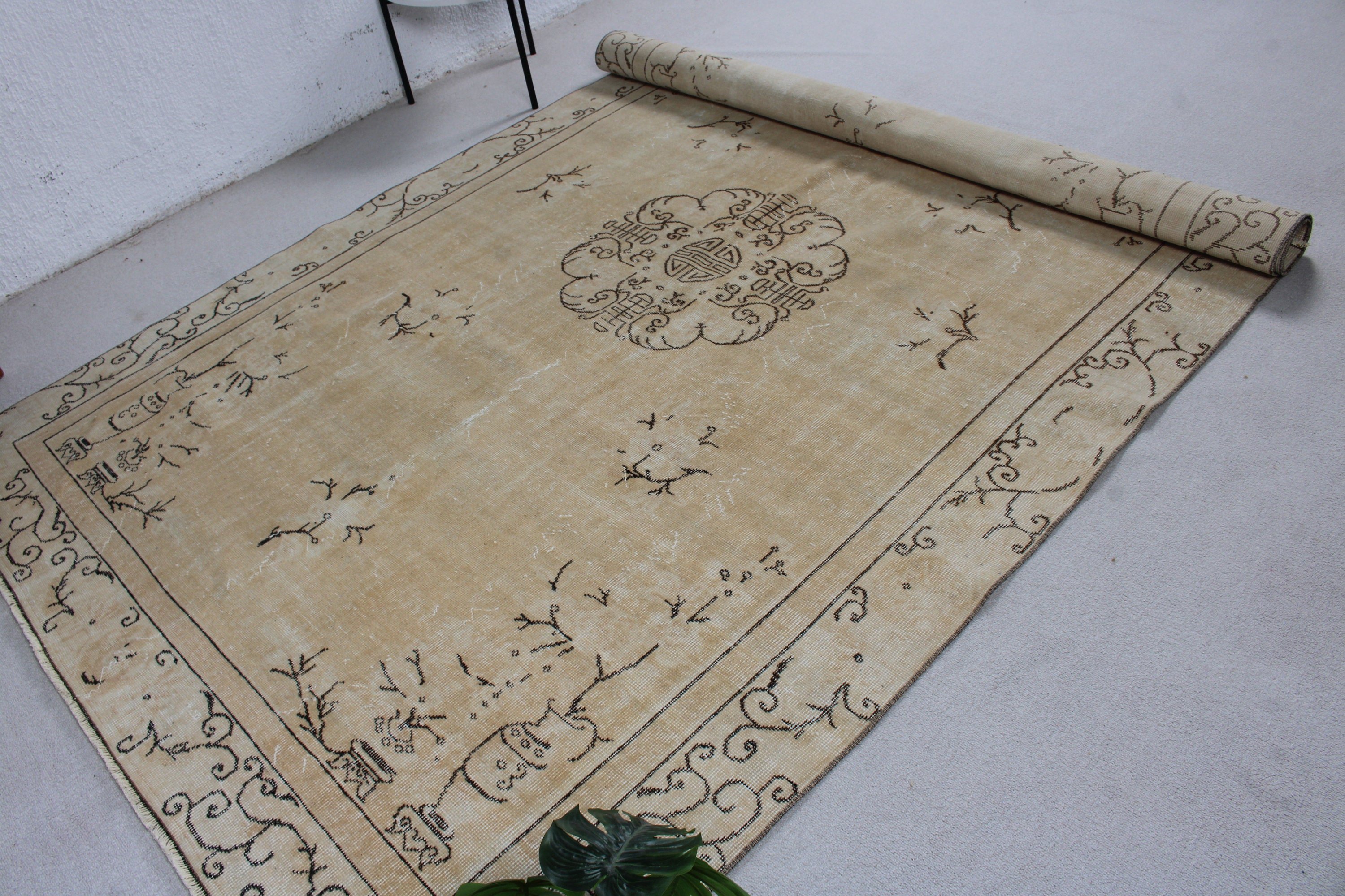 Büyük Vintage Halılar, Bej İfade Halıları, Yer Halısı, Geometrik Halı, Vintage Halılar, Türk Halısı, 6.6x9.9 ft Büyük Halı, Büyük Oushak Halı