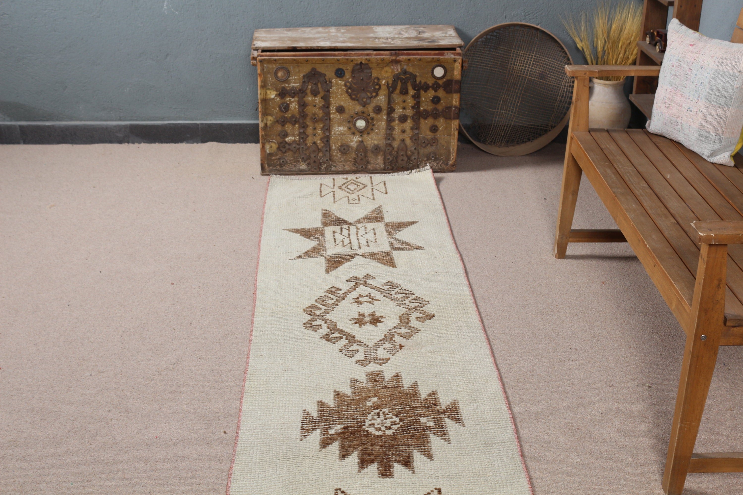 Vintage Halı, Soluk Halılar, Merdiven Halıları, Merdiven Halıları, Bej Fas Halısı, 2.2x11.1 ft Runner Halıları, Türk Halısı, Yatak Odası Halısı