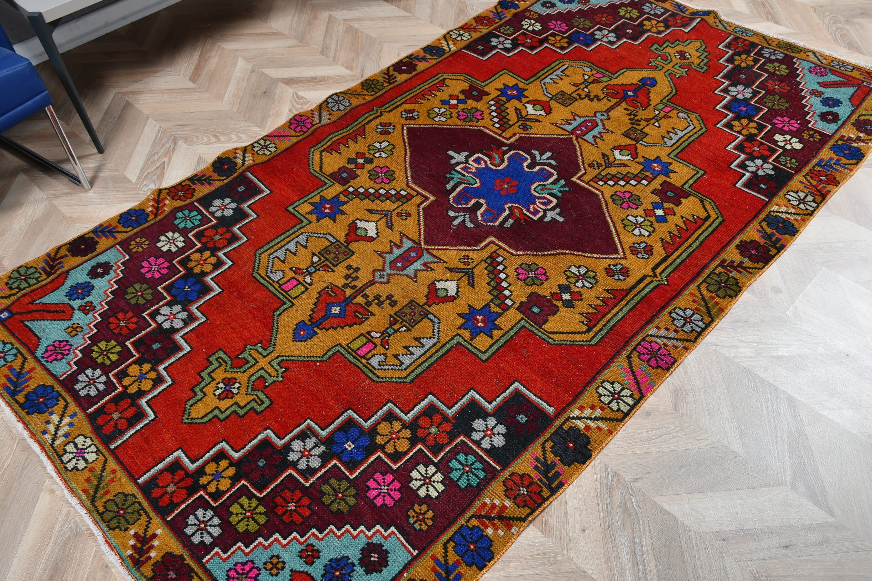 4.3x7.8 ft Alan Halısı, Sarı Antika Halılar, Türk Halıları, Vintage Halı, Yatak Odası Halısı, Yer Halısı, Ev Dekor Halısı, Sanat Halıları, Oturma Odası Halıları