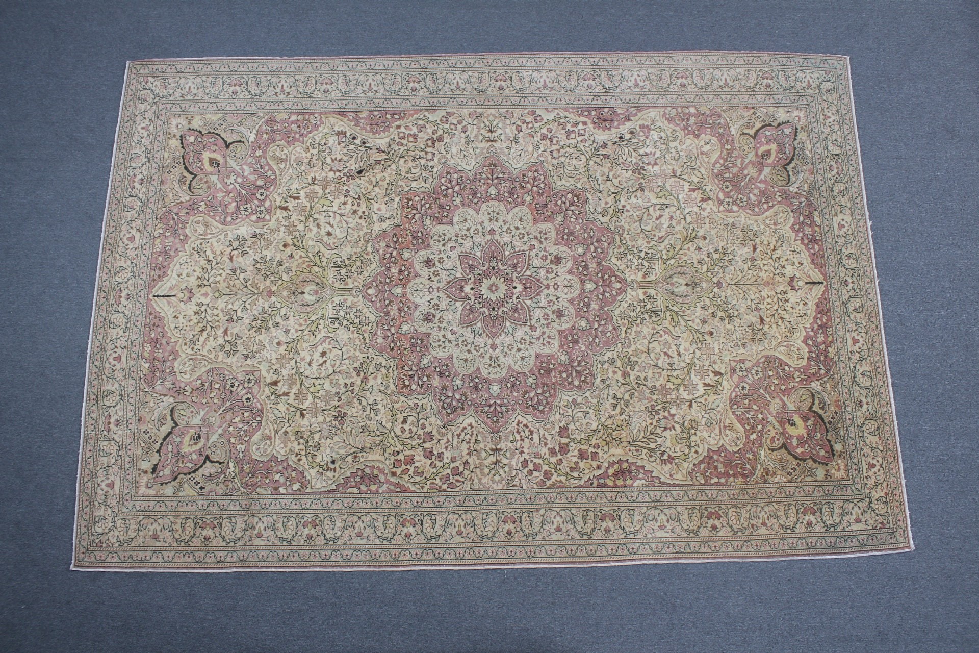 Büyük Vintage Halı, Mutfak Halıları, Bej El Dokuma Halılar, Vintage Halı, 6.6x9.7 ft Büyük Halılar, Türk Halısı, Geometrik Halılar, Büyük Boho Halılar