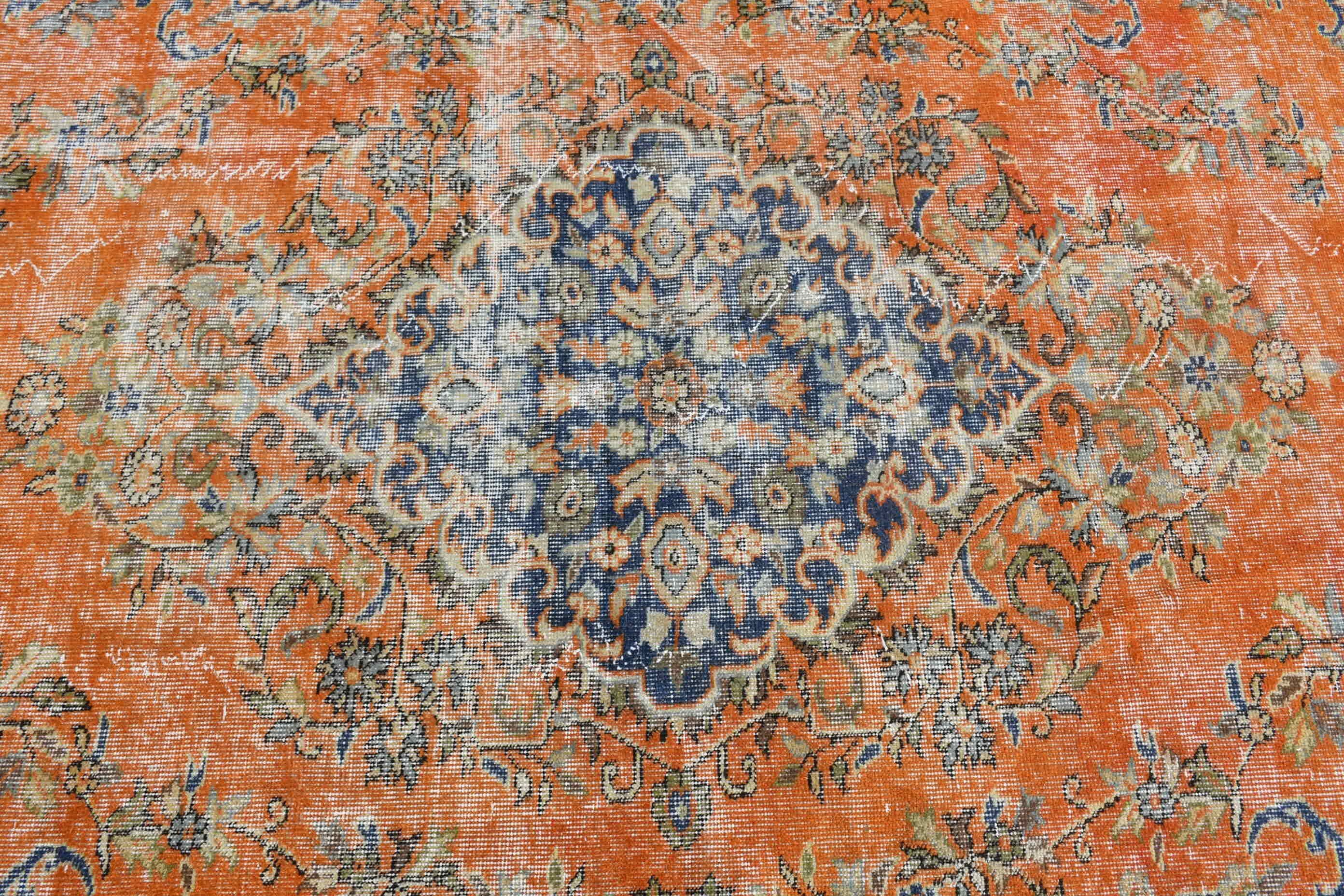 Turuncu Antika Halı, Vintage Halı, Türk Halıları, İç Mekan Halıları, Çocuk Odası Halıları, Oushak Halısı, 4.2x8.1 ft Alan Kilimi, Soğuk Halı, Vintage Oushak Halısı