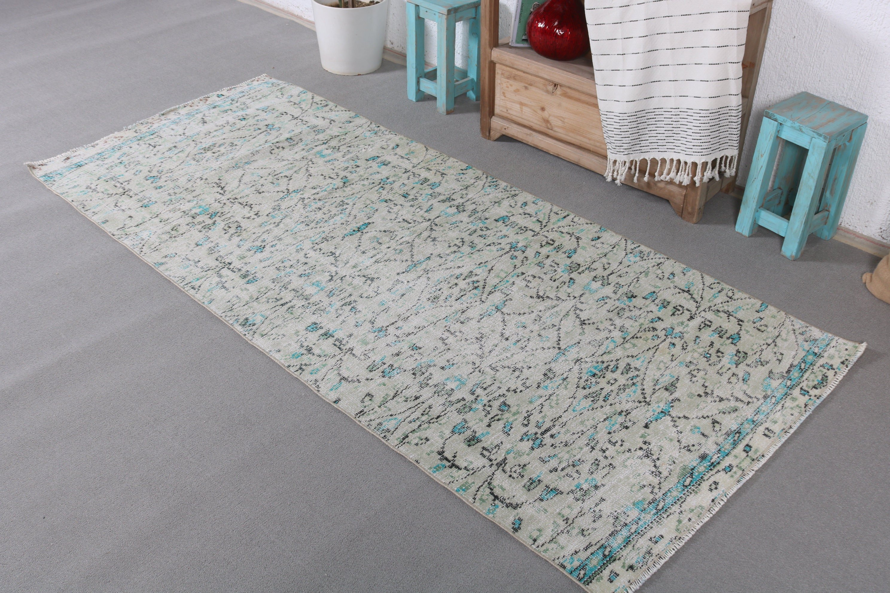 Art Rugs, Nursery Rug, Green Oriental Rug, 3.2x7.2 ft Accent Rugs, Turkish Rug, Bedroom Rugs, Vintage Rug, Antique Rug