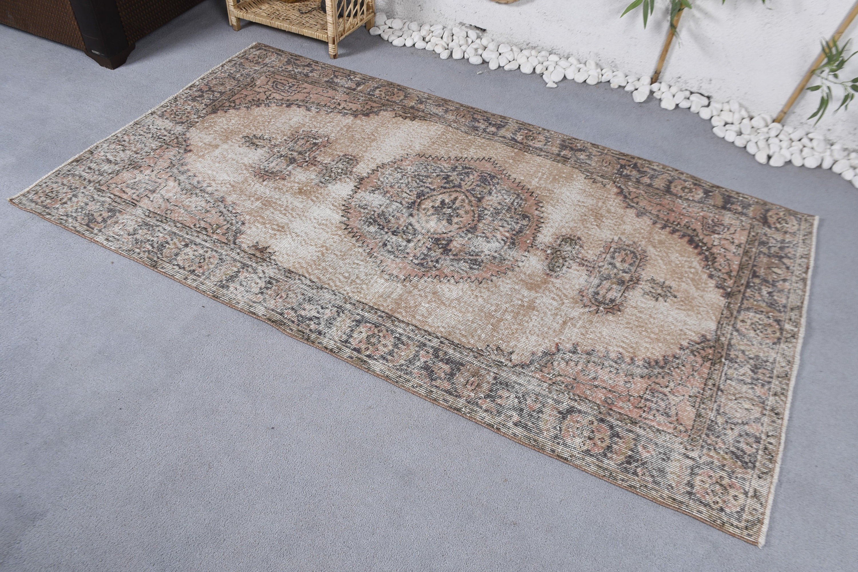 Antique Rug, Boho Area Rugs, Oushak Area Rugs, Vintage Rug, Geometric Rug, Turkish Rugs, Beige  3.6x6.8 ft Area Rug