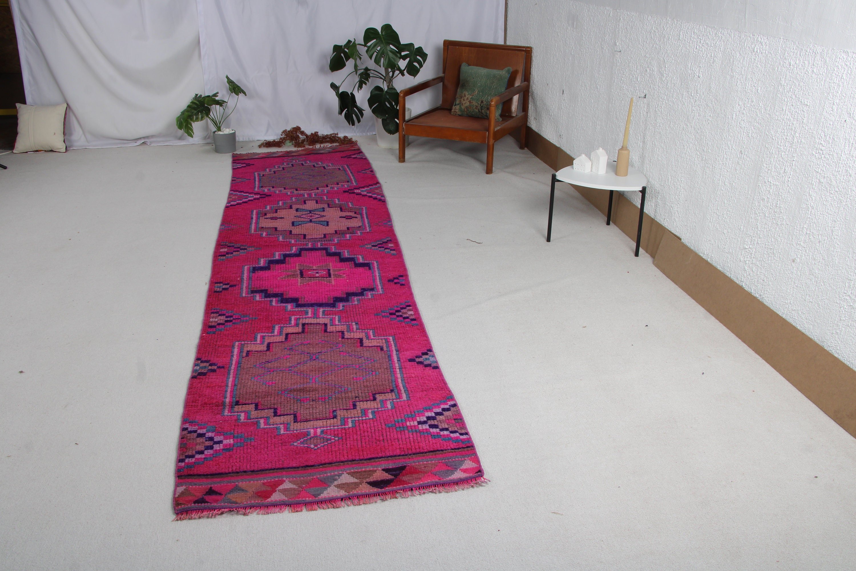 Mor Oryantal Halı, 2.9x12.8 ft Runner Halıları, Geometrik Halılar, Oushak Halısı, Türk Halısı, Mutfak Halıları, Beni Ourain Runner Halısı, Vintage Halılar