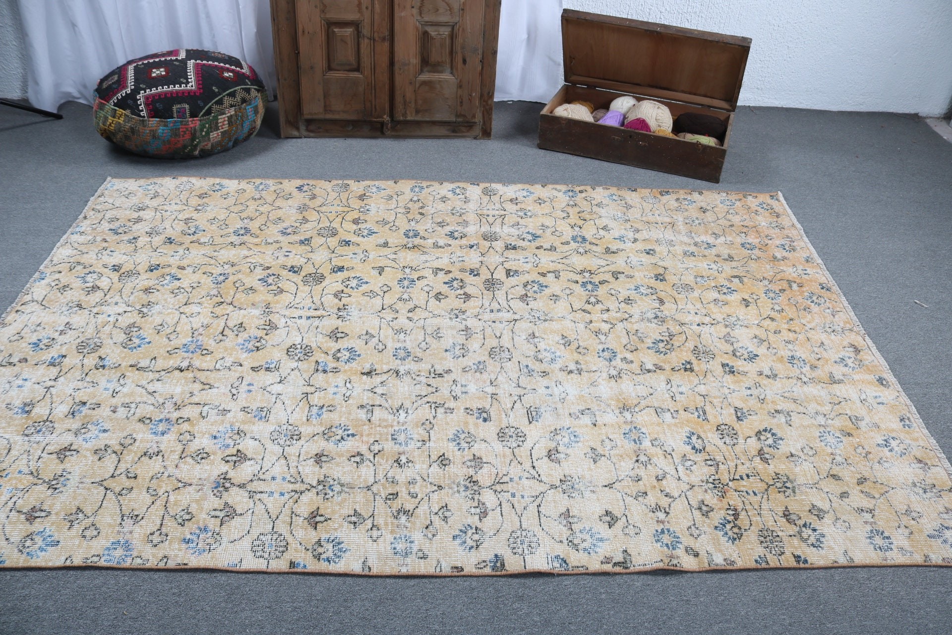 Vintage Halılar, Harika Halılar, Sarı Ev Dekor Halısı, 5.5x8.1 ft Büyük Halı, Türk Halısı, Yemek Odası Halısı, Ev Dekor Halıları, Büyük Vintage Halı