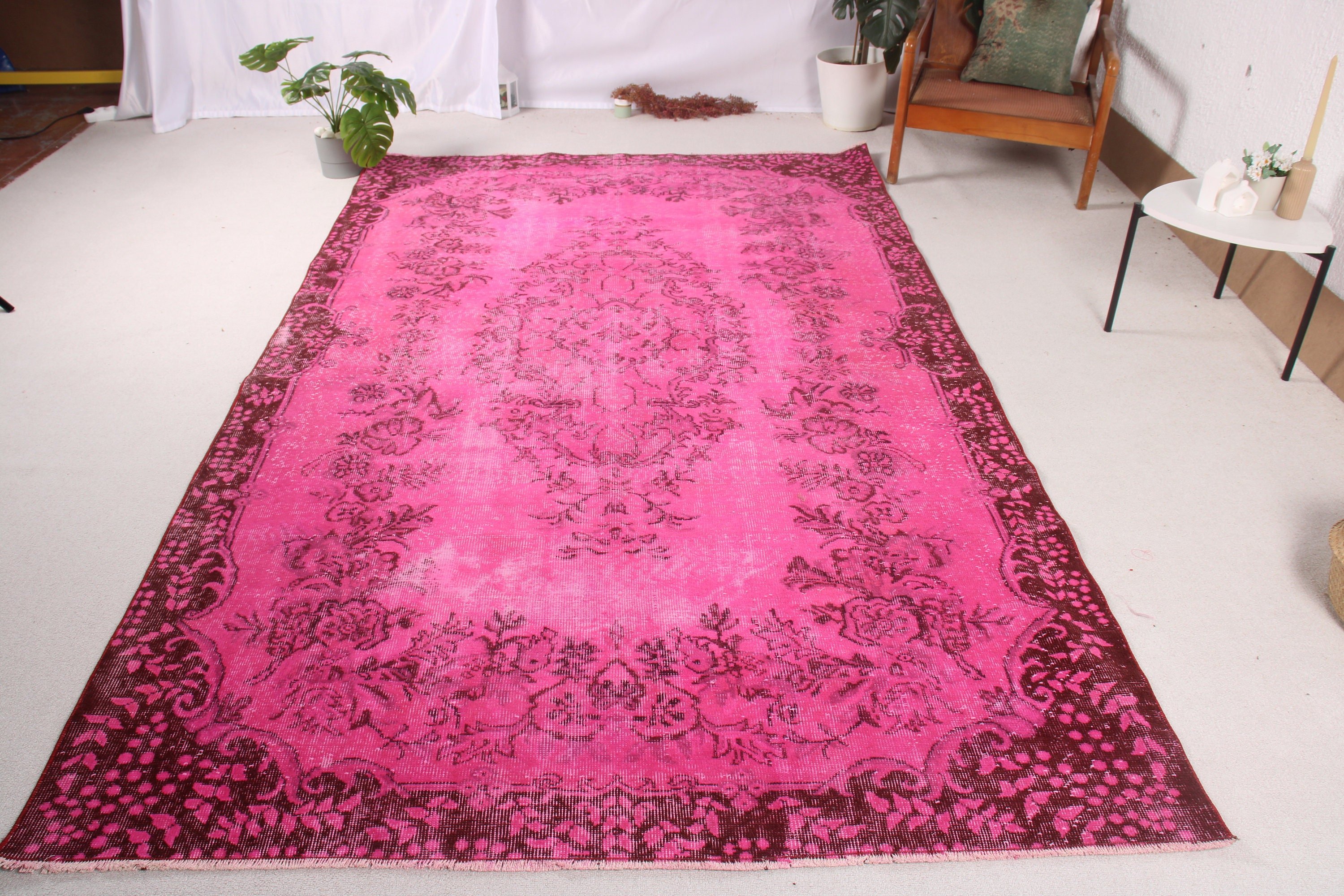 Oturma Odası Halısı, Pembe El Dokuma Halı, 5.8x9.5 ft Büyük Halı, Vintage Halı, Oushak Halı, Yemek Odası Halıları, Ev Dekor Halıları, Türk Halısı