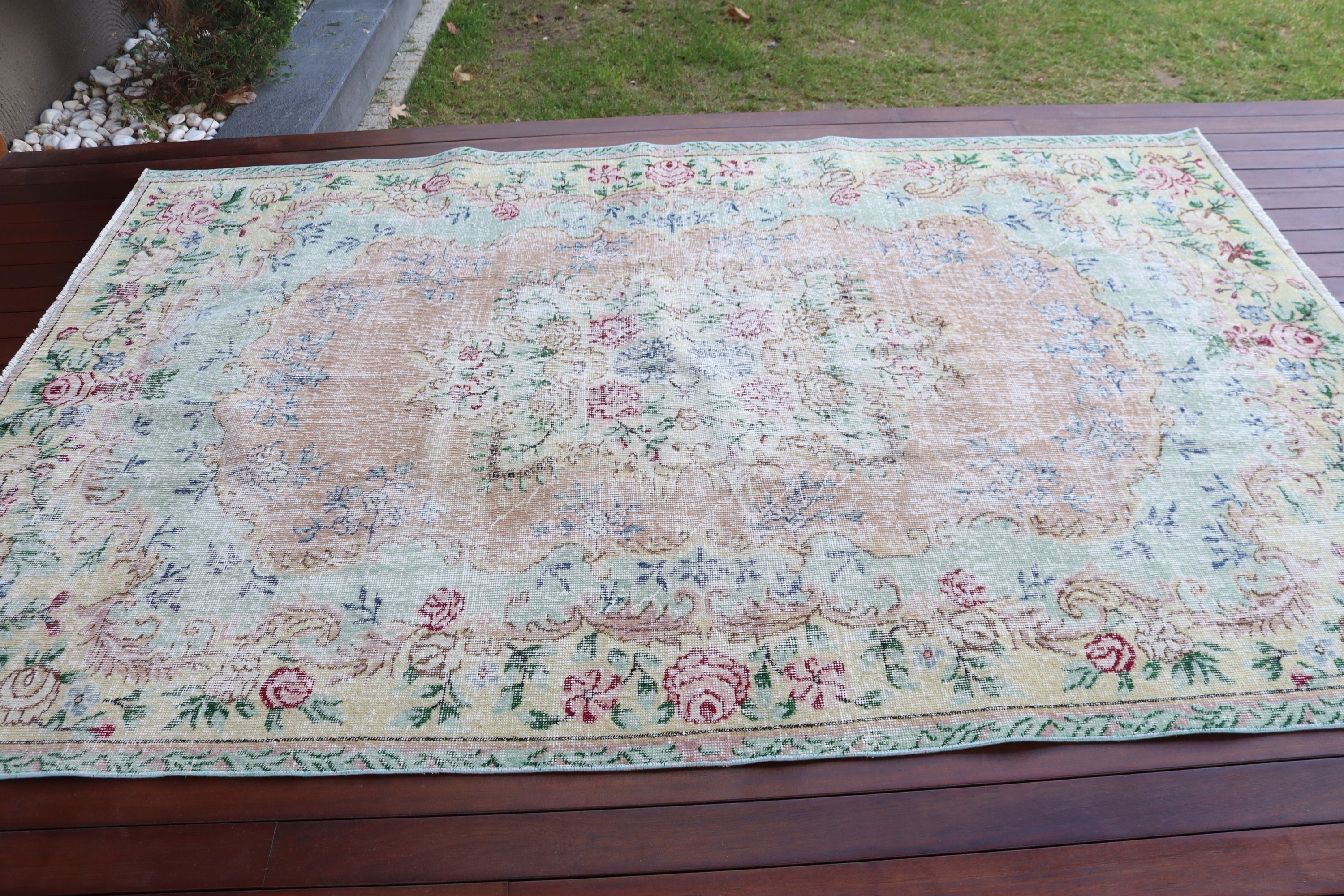 Fas Halısı, Yeşil Yün Halı, 5.6x8.8 ft Büyük Halı, Vintage Halı, Oturma Odası Halıları, Salon Halıları, Türk Halıları, Boho Halısı, Büyük Boho Halıları