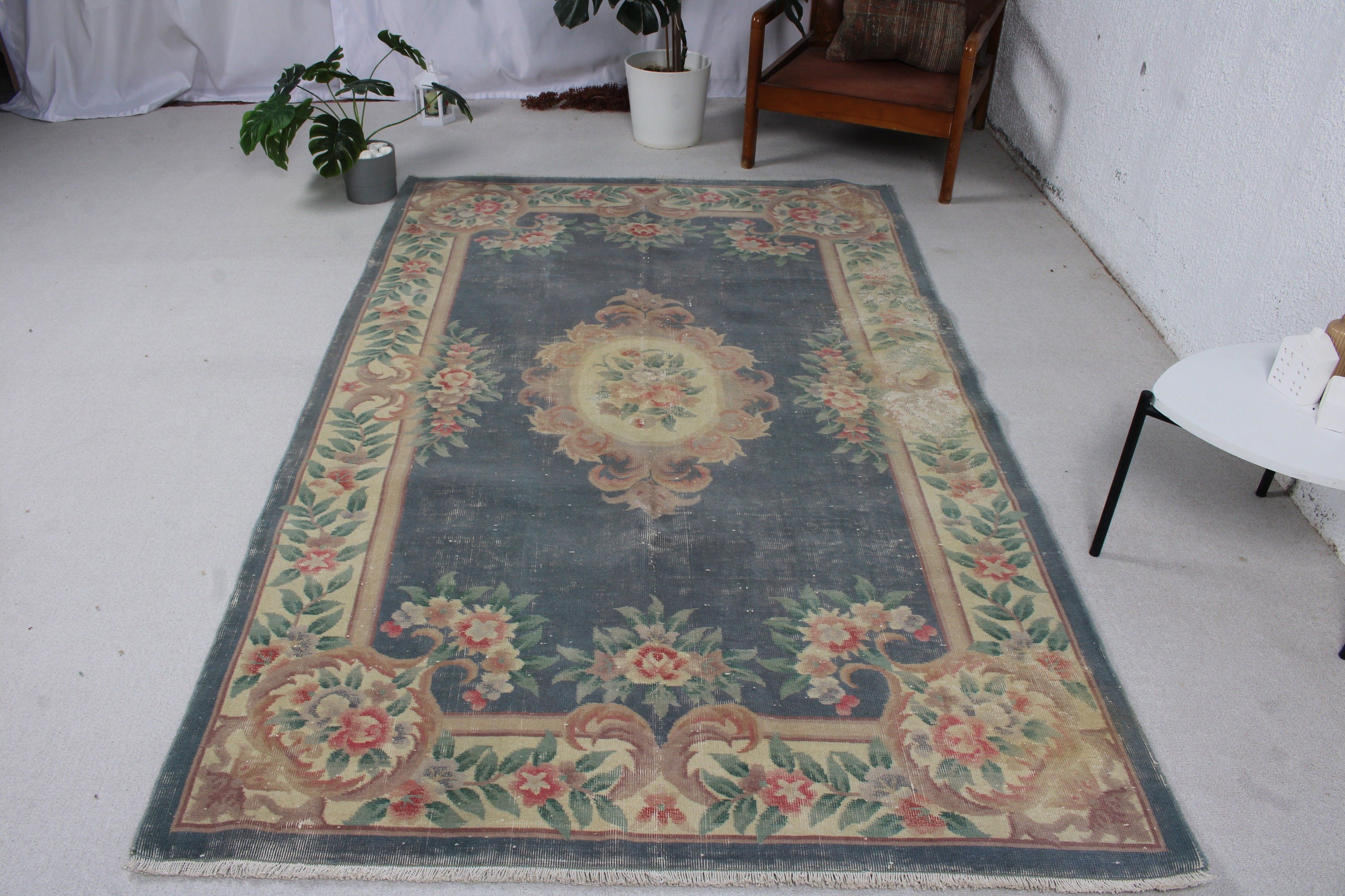 Neutral Rugs, Indoor Rugs, Rugs for Nursery, Blue Bedroom Rug, Kitchen Rug, Oushak Area Rug, Turkish Rug, 4.9x7.9 ft Area Rug, Vintage Rug