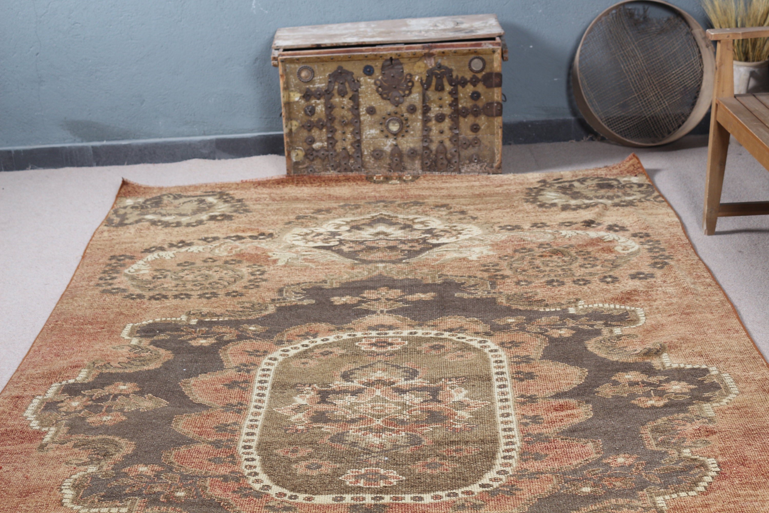 Kahverengi Oushak Halıları, Salon Halıları, 6.5x11.4 ft Büyük Boy Halı, Vintage Halı, Yemek Odası Halıları, Yer Halısı, Retro Halı, Türk Halıları, Fas Halıları