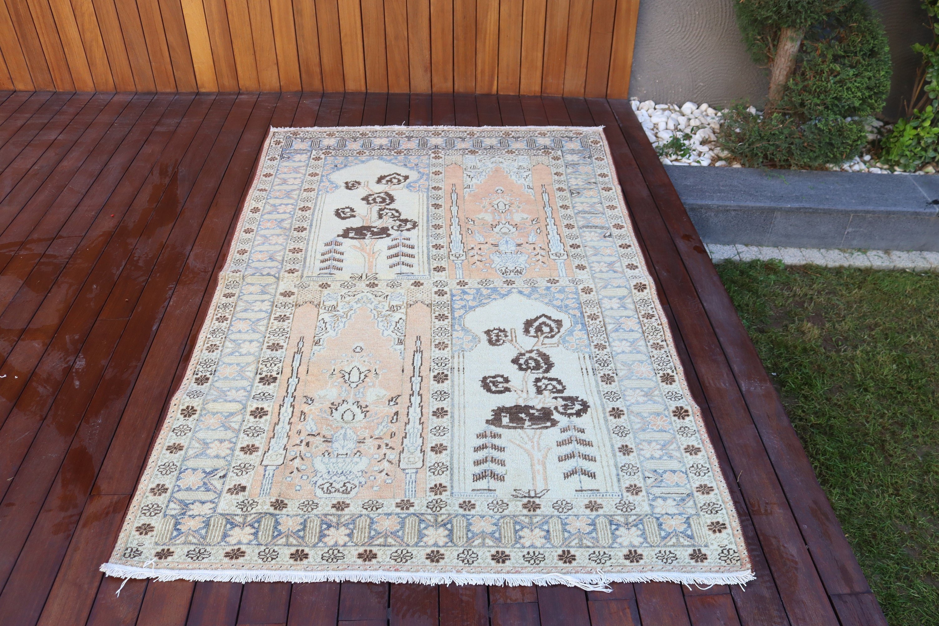 Floor Rugs, Beige Geometric Rugs, Nursery Rugs, Oushak Area Rug, Cool Rug, Turkish Rugs, Office Rug, Vintage Rugs, 4.2x6.6 ft Area Rugs