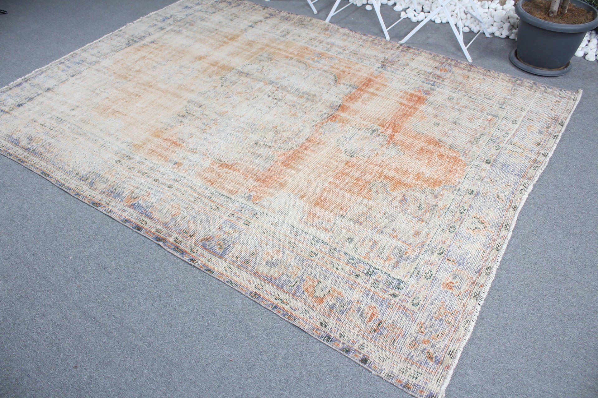 Office Rug, Vintage Rug, Turkish Rug, Living Room Rugs, Salon Rugs, 6.3x8.4 ft Large Rug, Home Decor Rug, Orange Cool Rug