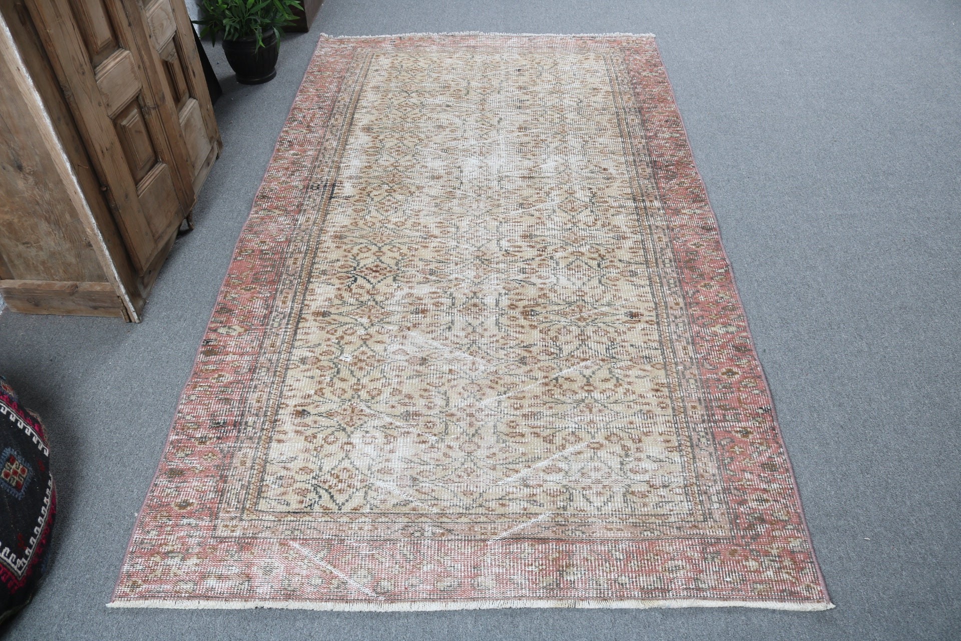 Boho Bölge Halıları, Nötr Halı, Türk Halıları, 4,4x8,2 ft Alan Halıları, Oushak Halıları, Mutfak Halıları, El Dokuma Halı, Kahverengi Geometrik Halı, Vintage Halı