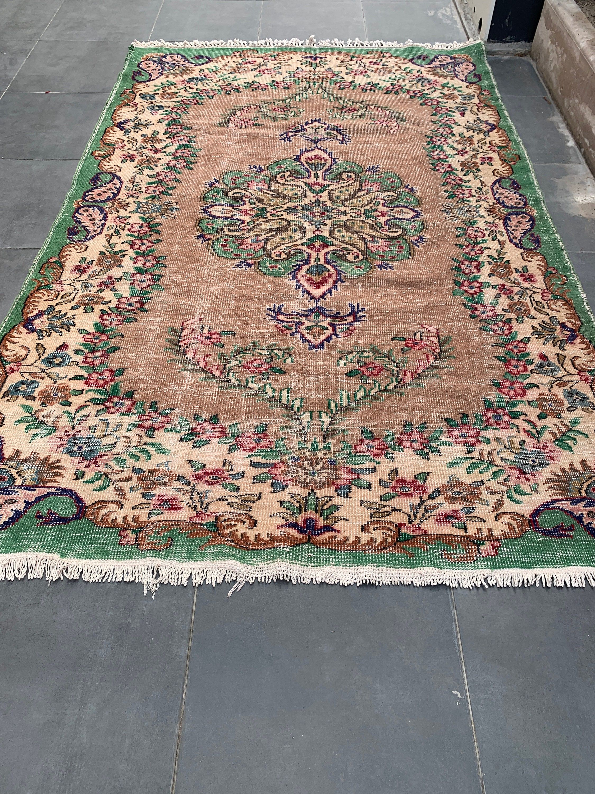 Mutfak Halıları, Vintage Halı, Türk Halısı, Bej Anadolu Halısı, Yemek Odası Halıları, 6.5x9.5 ft Büyük Halı, Salon Halısı, Oryantal Halı, Parlak Halılar