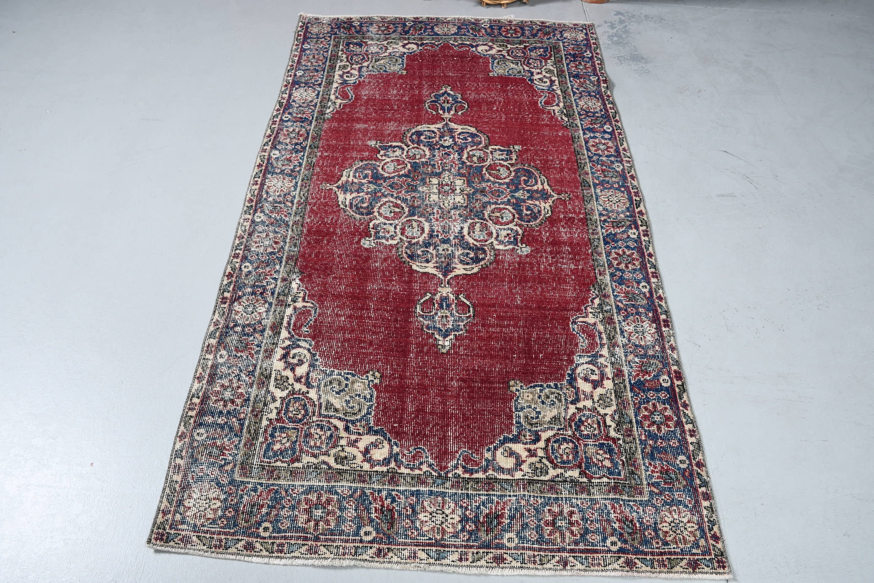 Rugs for Floor, Red Moroccan Rugs, Vintage Rug, Anatolian Rug, Kitchen Rug, Moroccan Rug, 3.7x6.8 ft Area Rugs, Turkish Rugs, Floor Rug