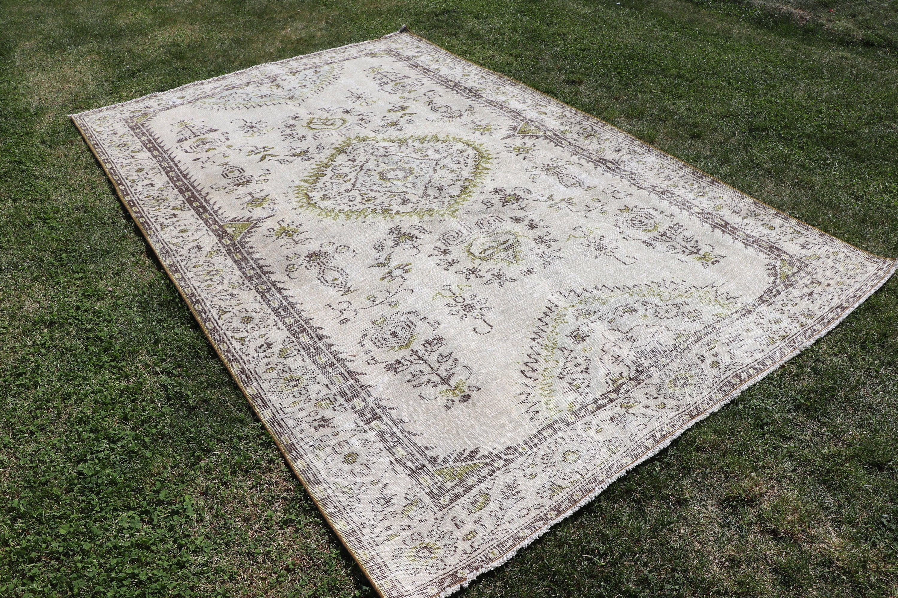 Büyük Oushak Halıları, Vintage Halılar, Türk Halıları, Lüks Halılar, Boho Halısı, 5,8x9,4 ft Büyük Halı, Yemek Odası Halısı, Bej Fas Halıları