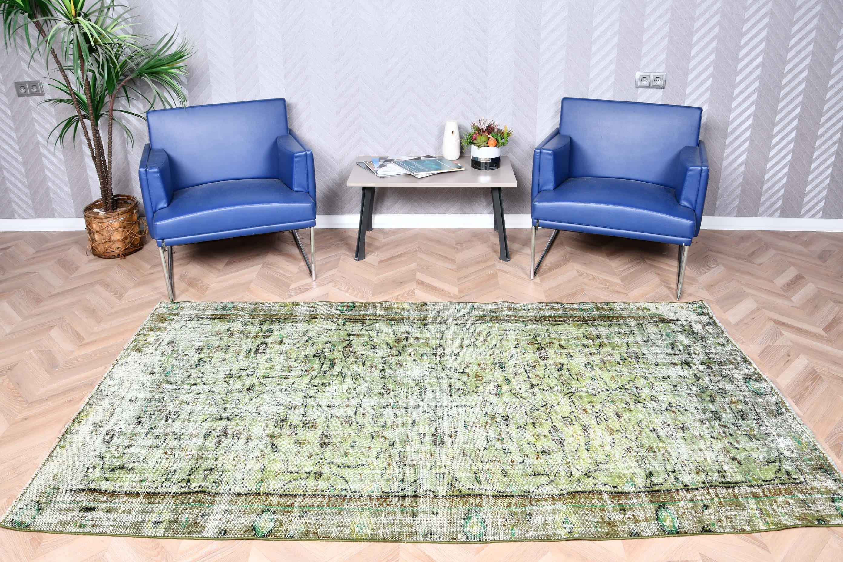 Green Floor Rugs, Turkish Rugs, Pale Rugs, Rugs for Bedroom, Vintage Rugs, Dining Room Rug, Anatolian Rug, 4.5x7.9 ft Area Rug, Oushak Rugs