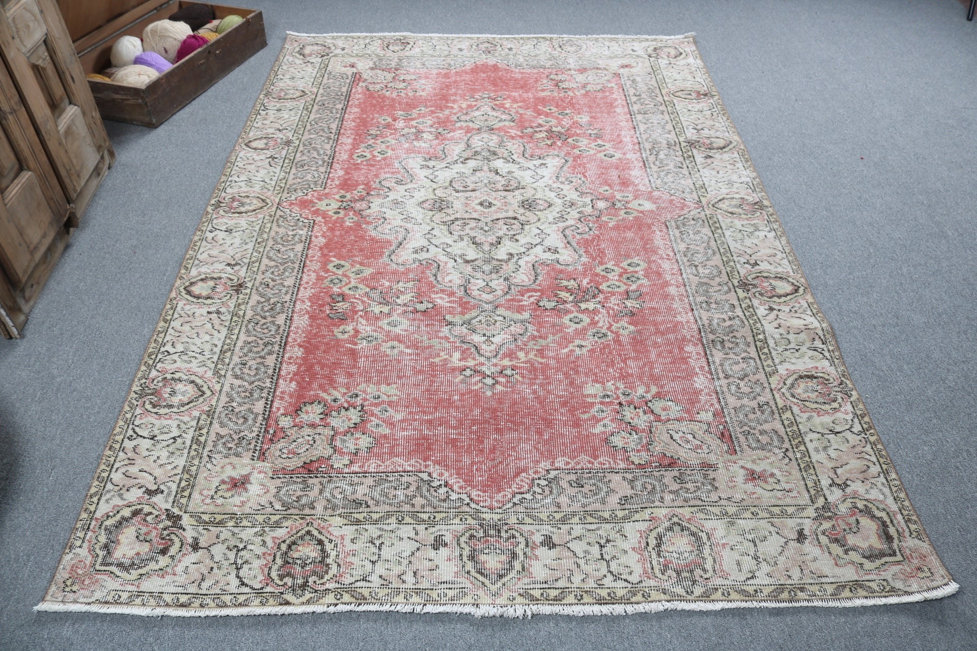 Büyük Boho Halı, Türk Halıları, Büyük Oushak Halıları, Vintage Halı, Yün Halıları, Ev Dekor Halıları, Kırmızı Düz ​​Dokuma Halıları, 5,5x8,1 ft Büyük Halı