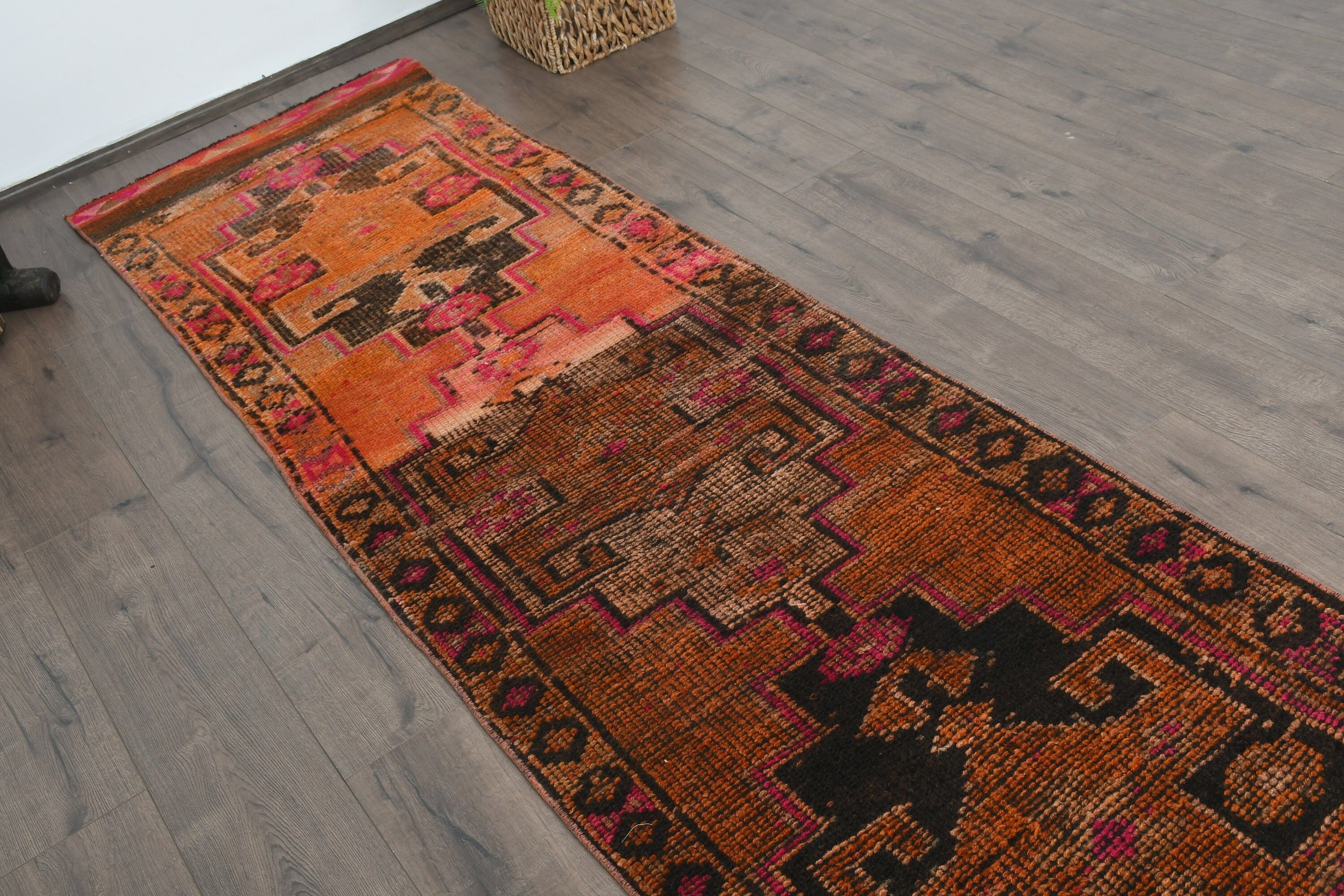 Vintage Rug, Art Rug, 2.7x10.3 ft Runner Rug, Orange Home Decor Rugs, Turkish Rugs, Oriental Rugs, Oushak Rug, Rugs for Runner, Kitchen Rug