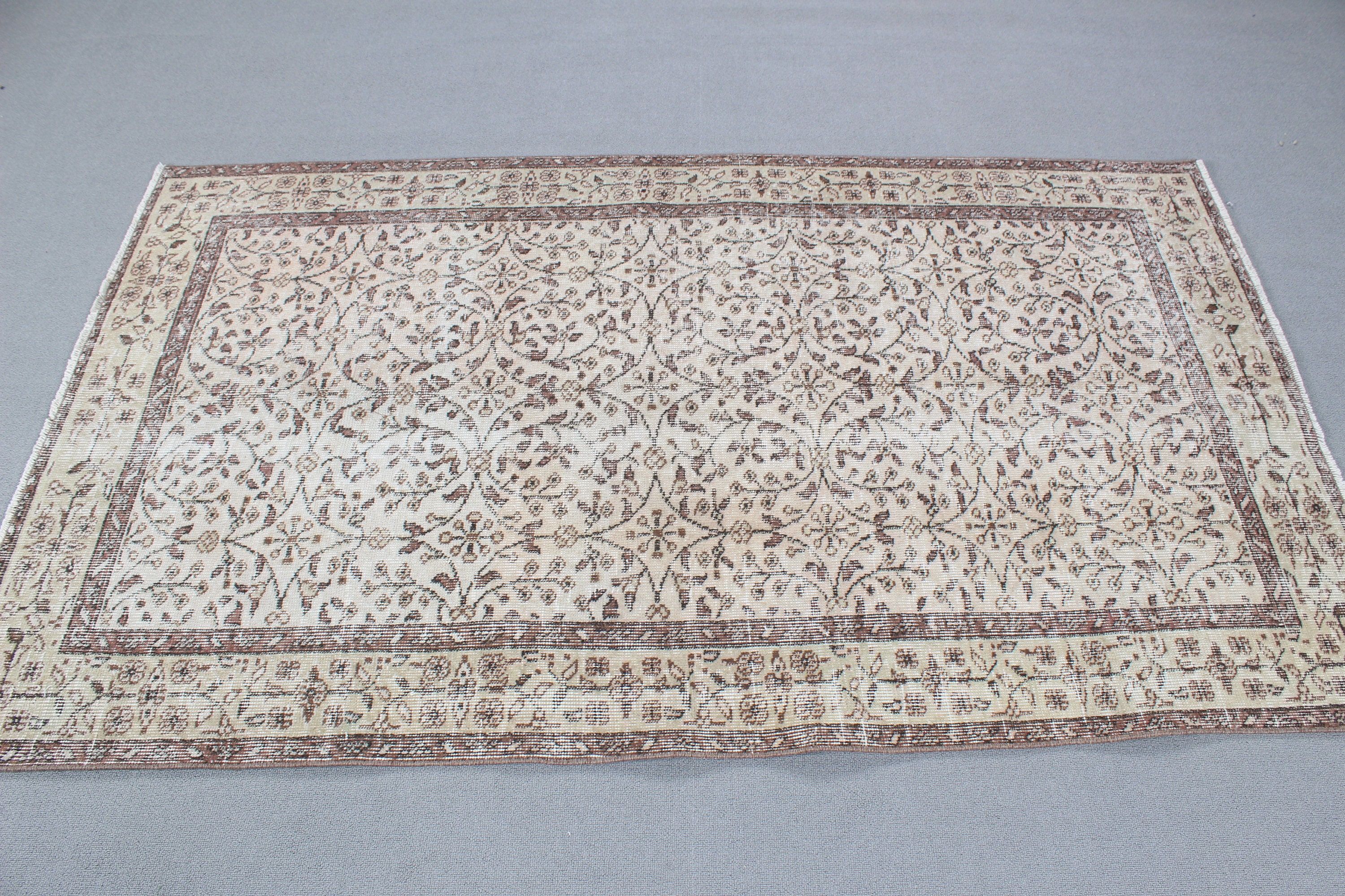 3.8x6.4 ft Alan Halısı, Geometrik Halı, Modern Halı, Vintage Halılar, Bej Geometrik Halı, Türk Halısı, Oturma Odası Halısı, El Yapımı Halı, Yer Halıları