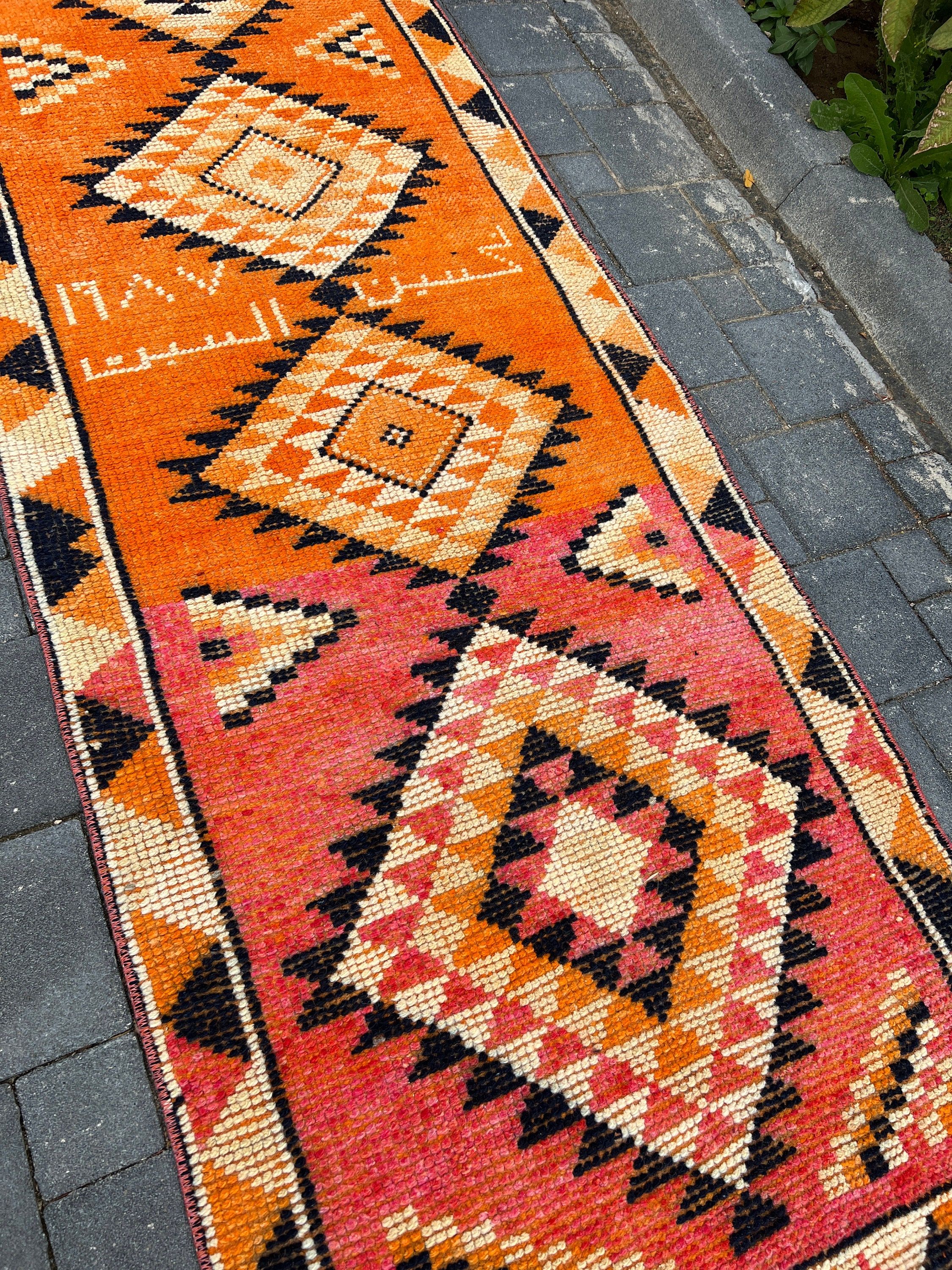 Otantik Halı, 2.9x12.4 ft Runner Halı, Vintage Halı, Türk Halıları, Mutfak Halıları, Mutfak Halıları, Ev Dekorasyonu Halıları, Turuncu Mutfak Halısı