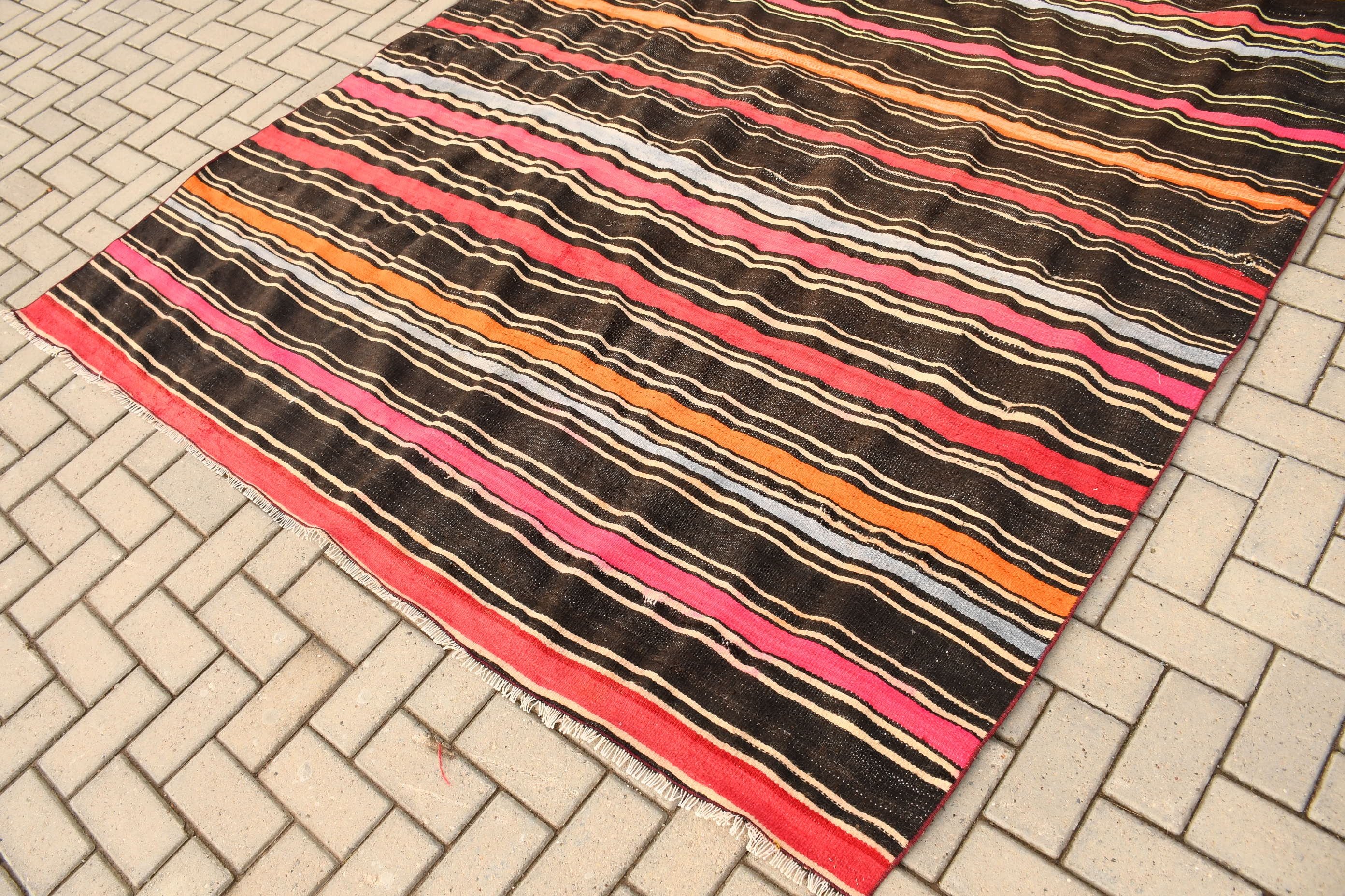 Kilim, Yer Halıları, Oushak Halı, Boho Halı, Siyah Havalı Halılar, Türk Halıları, Vintage Halılar, Yatak Odası Halısı, Oturma Odası Halıları, 6,9x8,8 ft Büyük Halılar