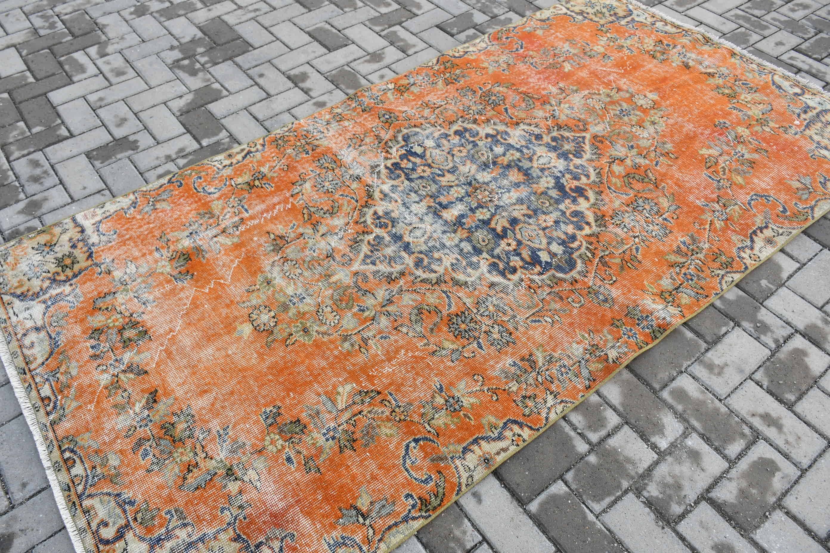 Orange Antique Rug, Vintage Rug, Turkish Rugs, Indoor Rugs, Rugs for Nursery, Oushak Rug, 4.2x8.1 ft Area Rug, Cool Rug, Vintage Oushak Rug