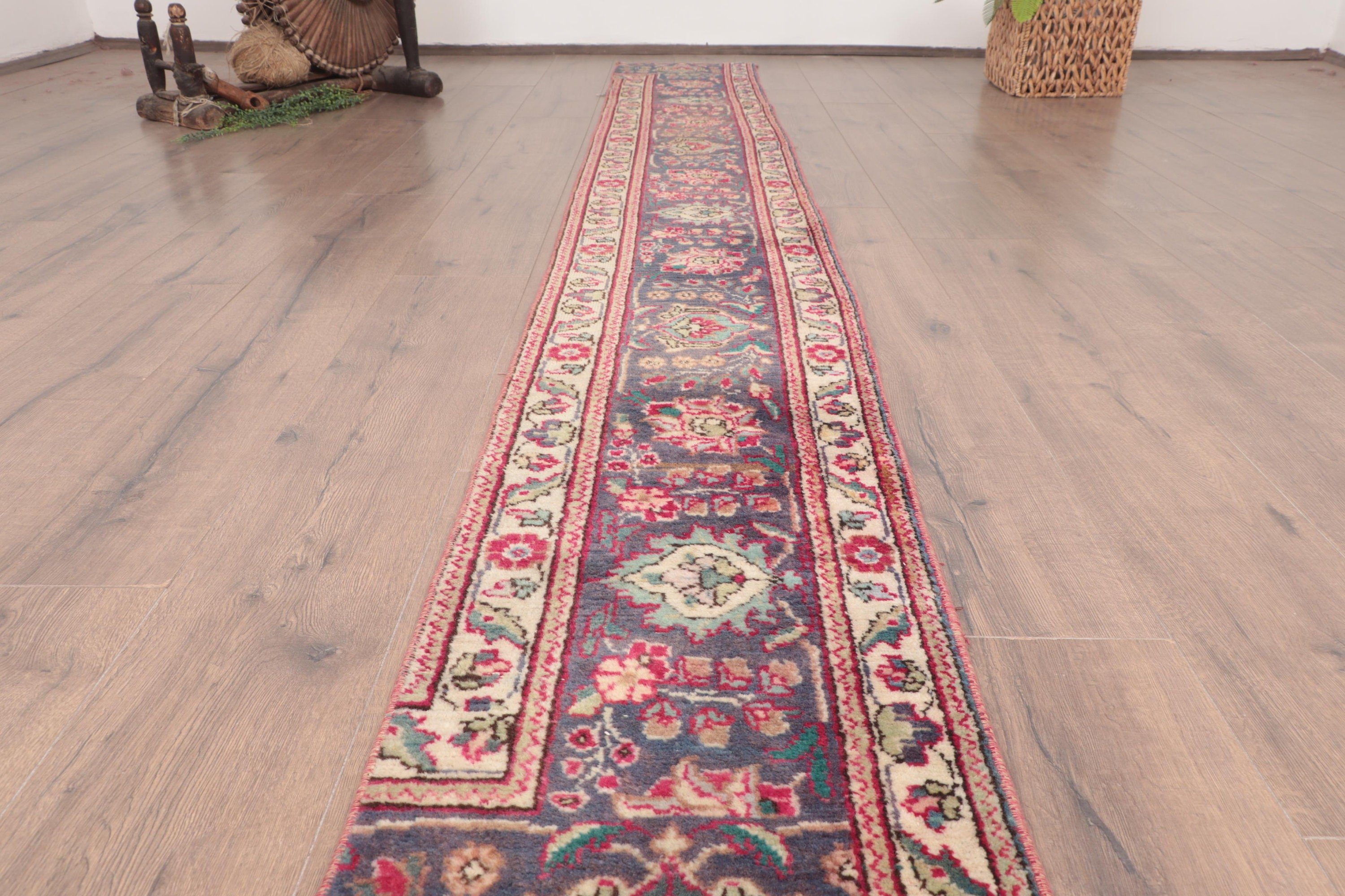 Vintage Halı, Koridor Halıları, Türk Halısı, Mutfak Halısı, Oushak Halısı, Antika Halı, Koridor Halısı, 1.3x10.5 ft Runner Halısı, Mavi Geometrik Halılar