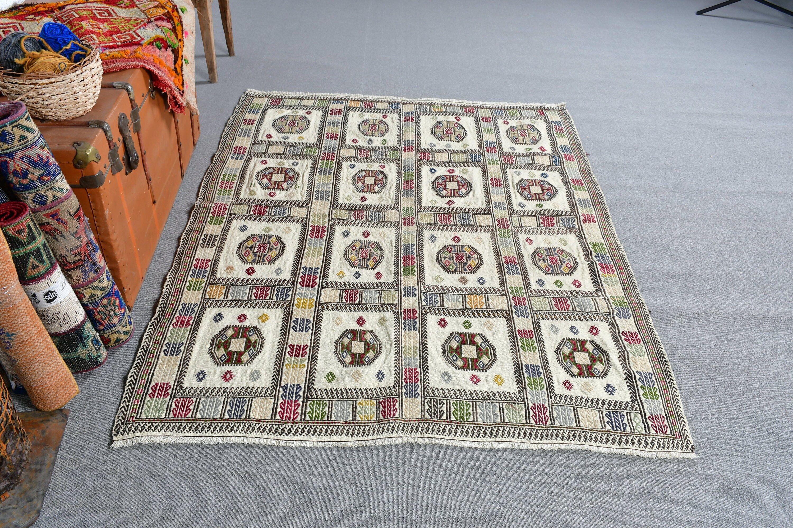 Rugs for Area, White Oriental Rug, Handwoven Rug, Bedroom Rug, Anatolian Rugs, 4.3x5.6 ft Area Rugs, Vintage Rug, Turkish Rug, Kitchen Rug