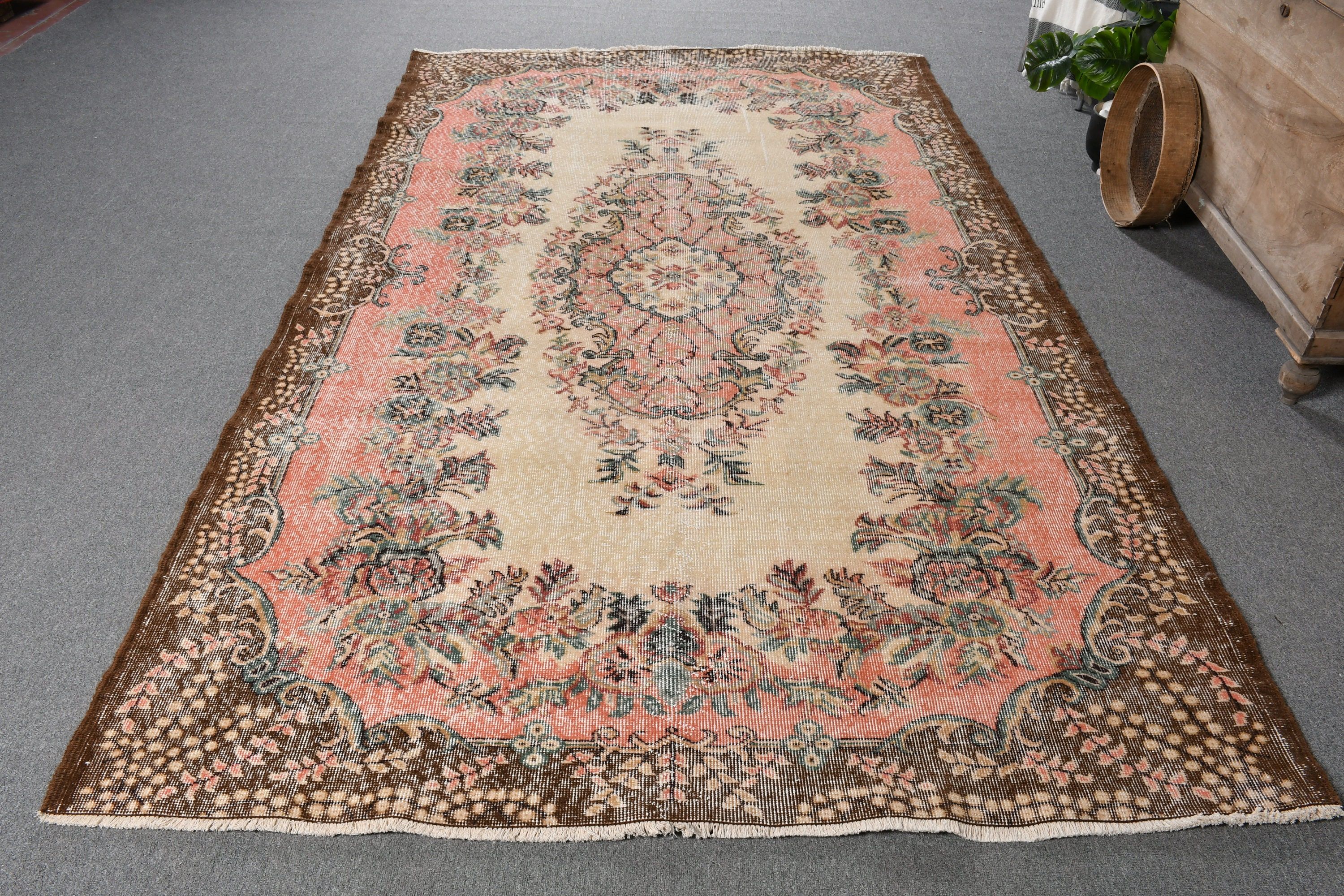 Vintage Halı, Salon Halısı, Oturma Odası Halısı, Yün Halı, Salon Halıları, Bej Antika Halılar, Oushak Halısı, 5.7x9.4 ft Büyük Halı, Türk Halısı