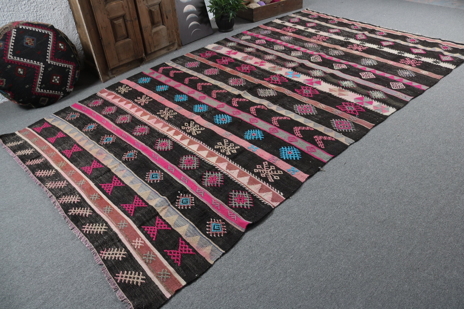 Black Floor Rugs, Large Vintage Rugs, Kilim, Anatolian Rug, Bedroom Rugs, 6.2x11 ft Large Rug, Vintage Rug, Turkish Rugs