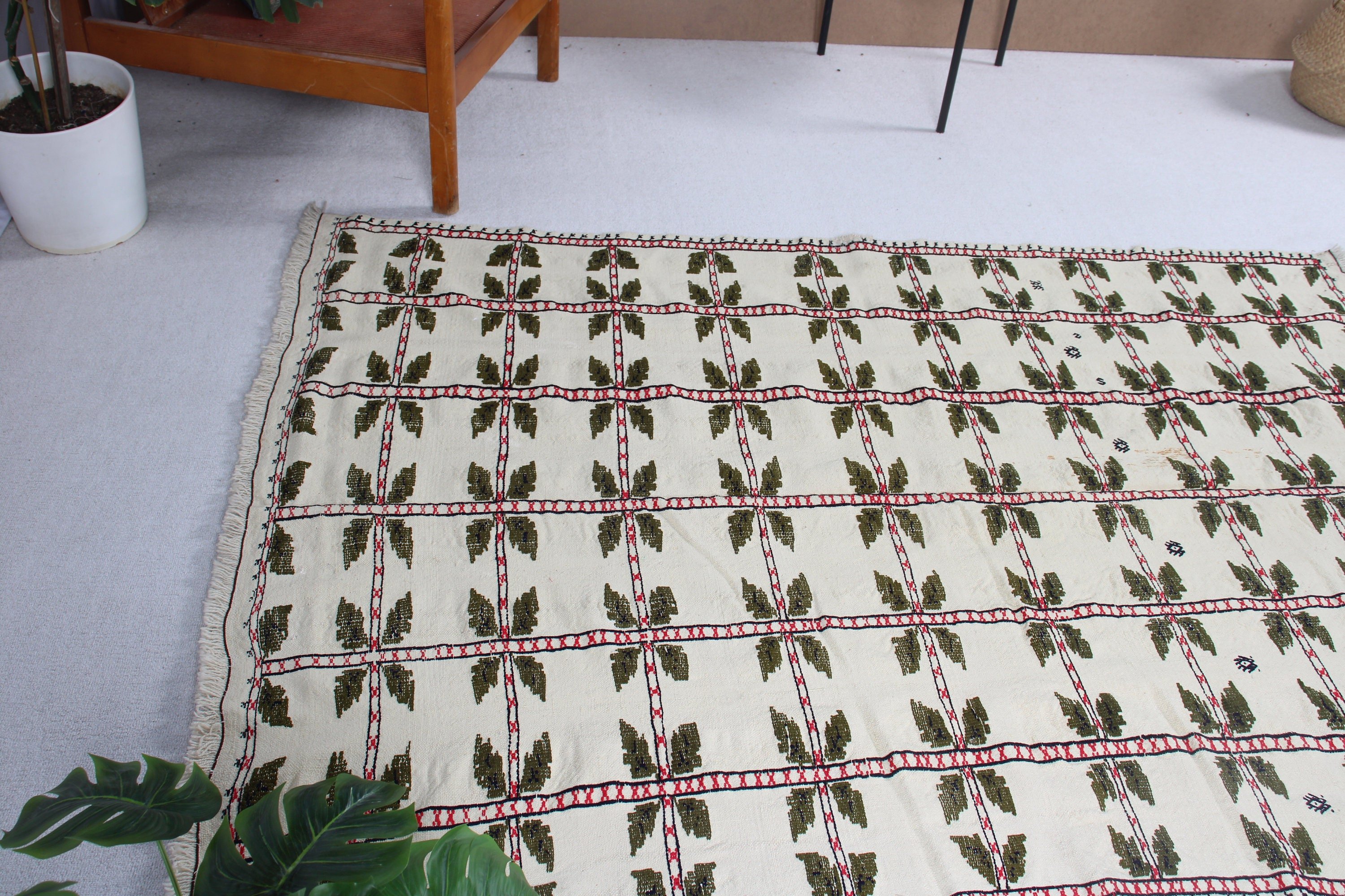 Boho Bölge Halısı, Bej El Dokuma Halılar, Fas Halısı, Kilim, Vintage Alan Halıları, Vintage Halılar, Türk Halıları, Nötr Halılar, 4,6x6,4 ft Alan Halısı