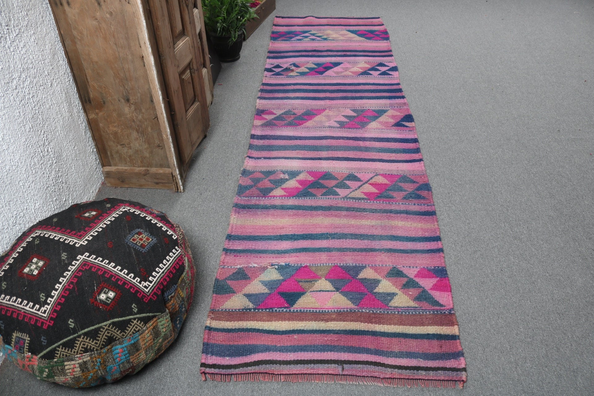 Antique Rug, Turkish Rugs, Rugs for Runner, Aesthetic Rugs, Stair Rugs, 2.7x10.2 ft Runner Rug, Pink Wool Rugs, Vintage Rug, Geometric Rug