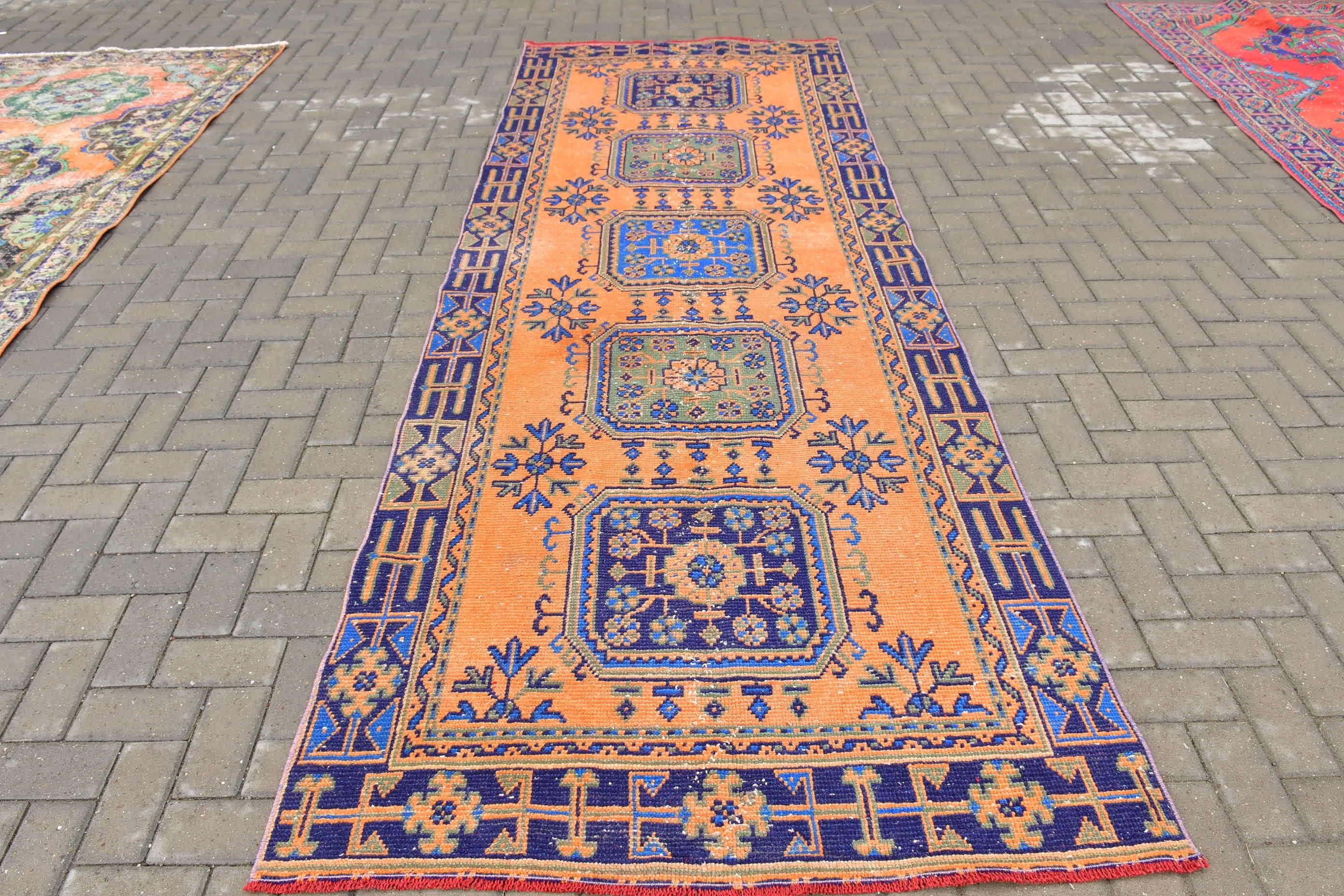 Vintage Rugs, Corridor Rug, Turkish Rug, Floor Rugs, Rugs for Hallway, Kitchen Rug, 4.2x11.5 ft Runner Rug, Orange Oushak Rugs, Art Rug