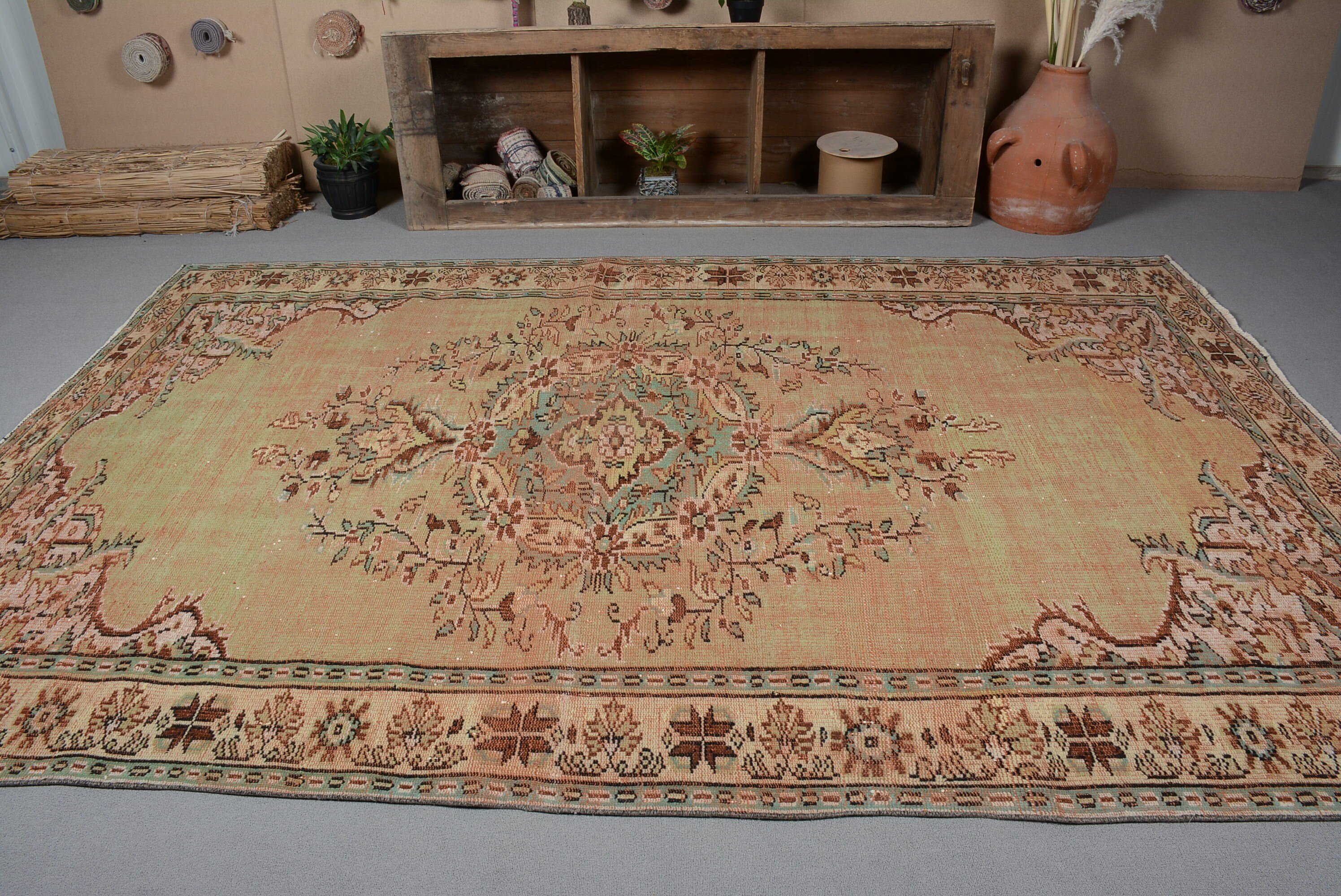 6.6x9.9 ft Büyük Halı, Ev Dekorasyonu Halısı, Türk Halıları, Fas Halıları, Oturma Odası Halısı, Turuncu Yatak Odası Halıları, Yemek Odası Halıları, Vintage Halı