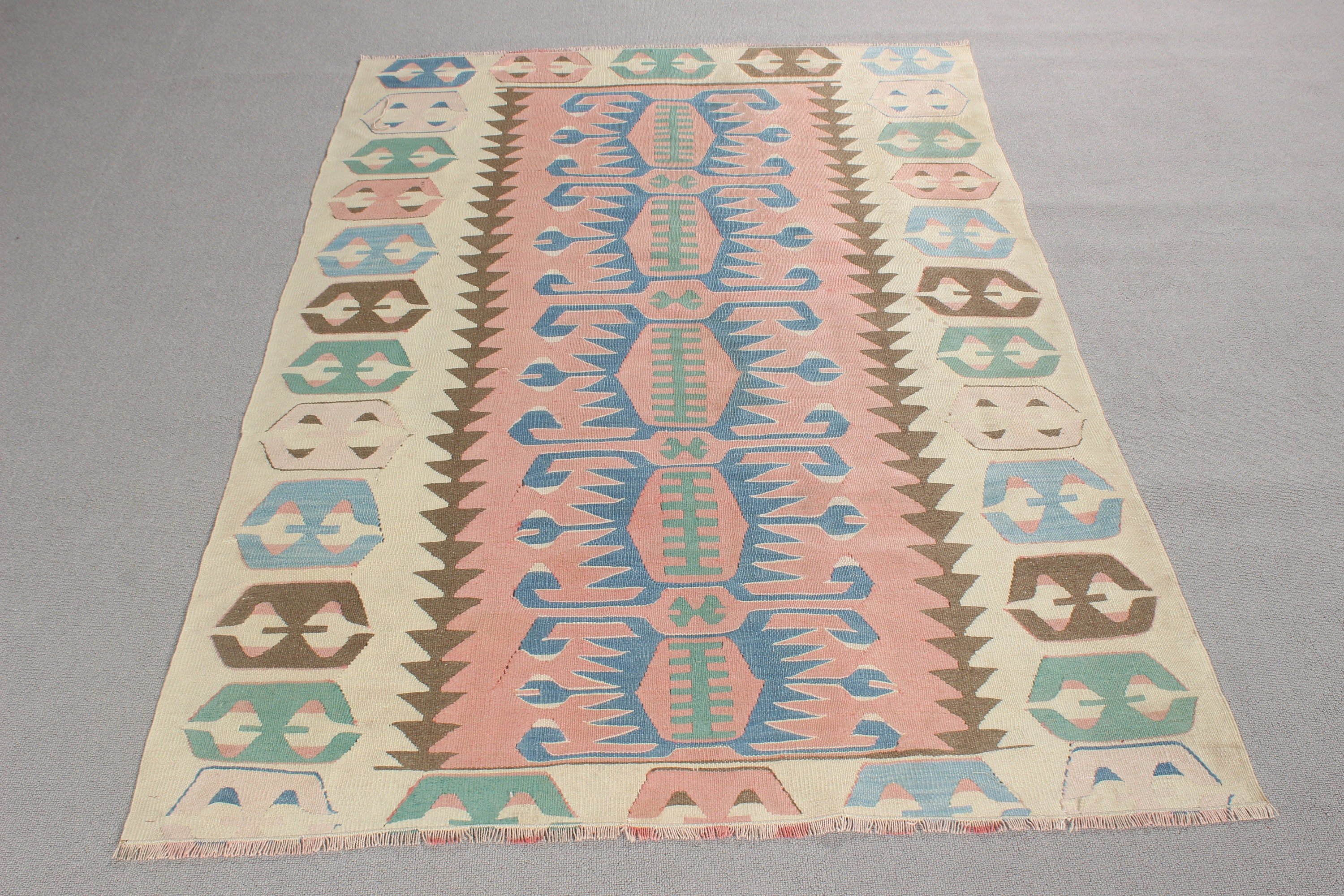 4x5.6 ft Accent Halı, Düz Dokuma Halı, Bej El Dokuma Halı, Vintage Halı, Giriş Halıları, Kilim, Mutfak Halıları, Lüks Halılar, Türk Halısı, Boho Halısı