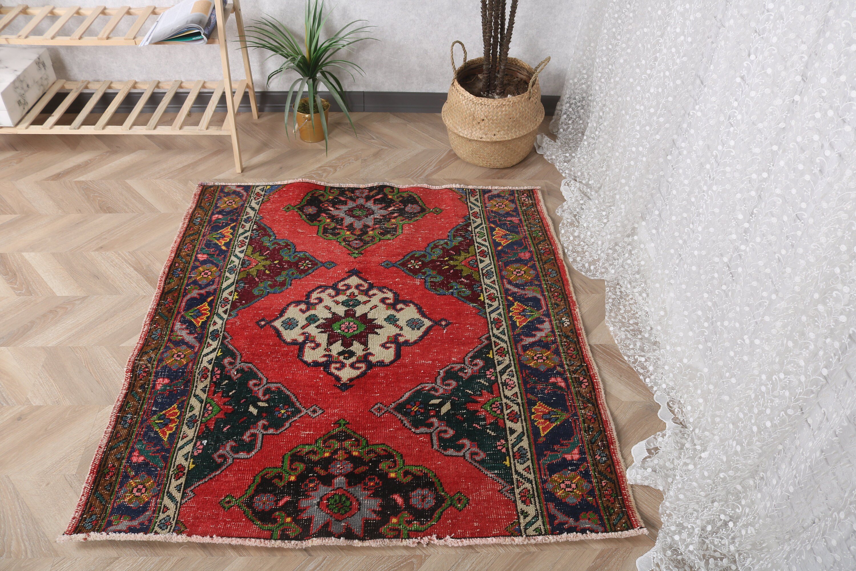 Moroccan Rug, Geometric Rugs, Decorative Rugs, Bedroom Rug, Aesthetic Rugs, Vintage Rug, Turkish Rug, Red Cool Rug, 3.8x4.1 ft Accent Rug