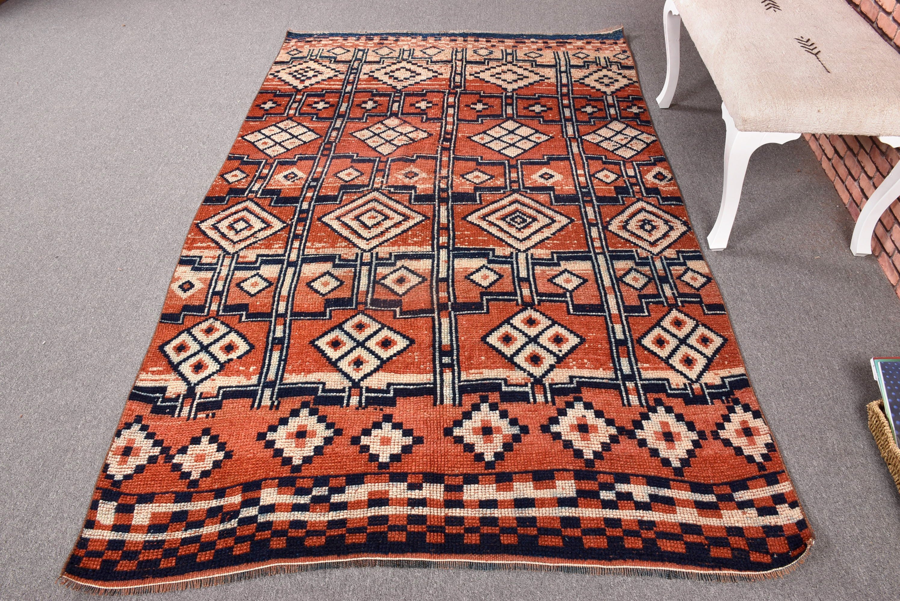 Geometrik Halılar, Vintage Halılar, 4,8x7,8 ft Alan Halıları, Turuncu Düz Dokuma Halı, Türk Halıları, Anadolu Halıları, Yer Halısı, Oturma Odası Halısı