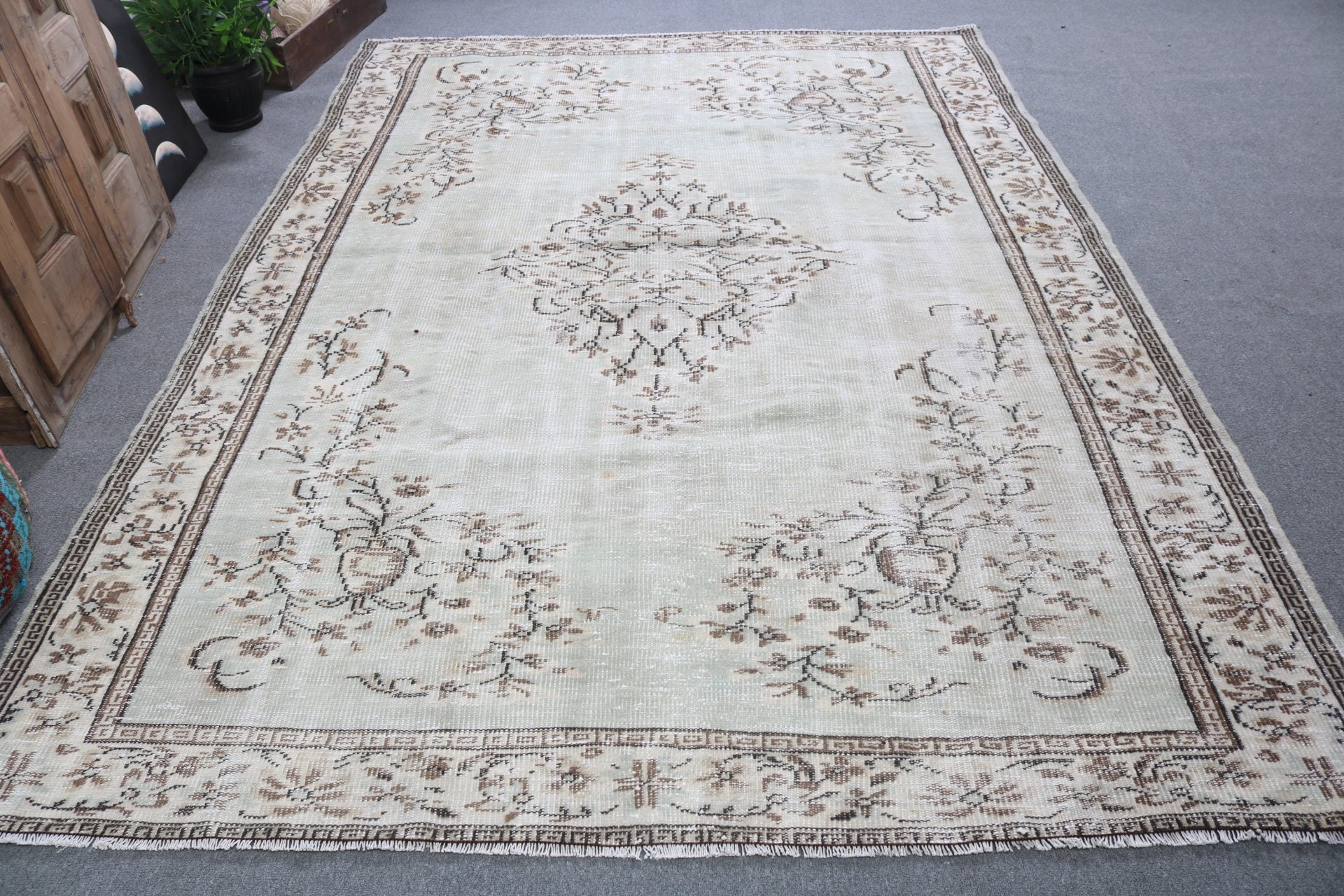 Salon Halıları, Vintage Halılar, Büyük Oushak Halısı, Yeşil Doğu Halıları, Aztek Halısı, Geometrik Halı, Türk Halısı, Anadolu Halısı, 6,8x9,4 ft Büyük Halı