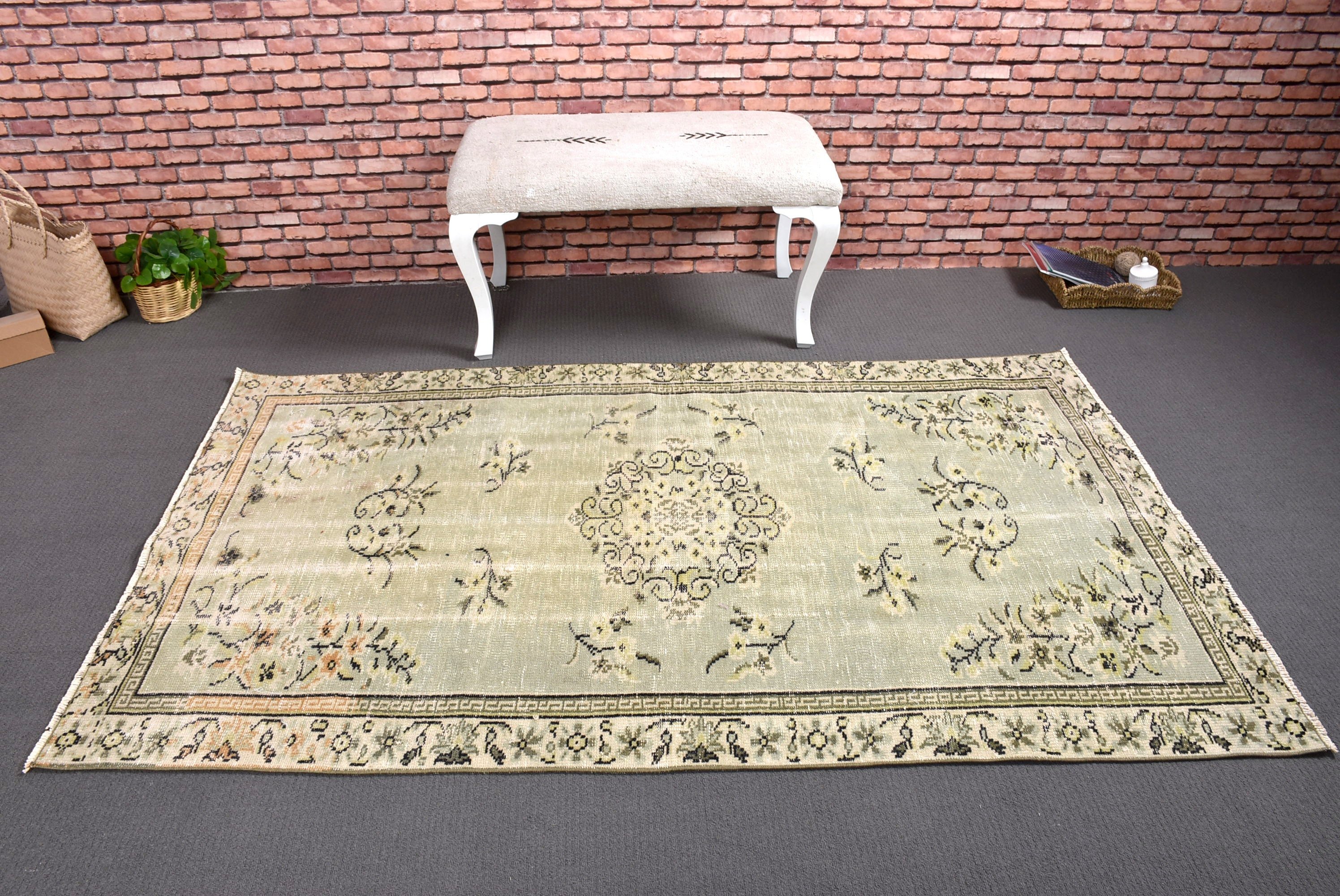 Turkish Rugs, Artistic Rugs, Vintage Rugs, Bedroom Rugs, Moroccan Rugs, 4.2x6.8 ft Area Rug, Green Floor Rugs, Oushak Area Rug, Kitchen Rug