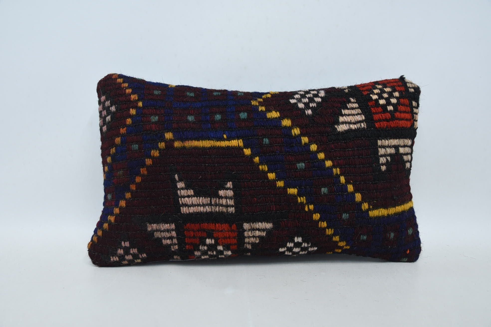 Ethnical Kilim Rug Pillow, Antique Pillows, 12"x20" Brown Cushion Case, Vintage Kilim Throw Pillow, Ottoman Pillow Cover