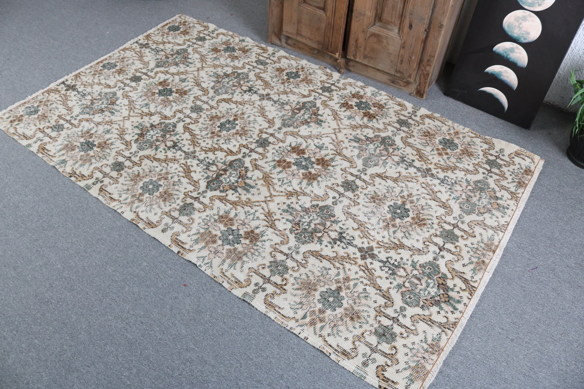 Ev Dekorasyonu Halıları, Vintage Halılar, Türk Halıları, Yün Halı, 3,9x6,6 ft Alan Halıları, Boho Alan Halıları, Oturma Odası Halıları, Sarı Oushak Halıları