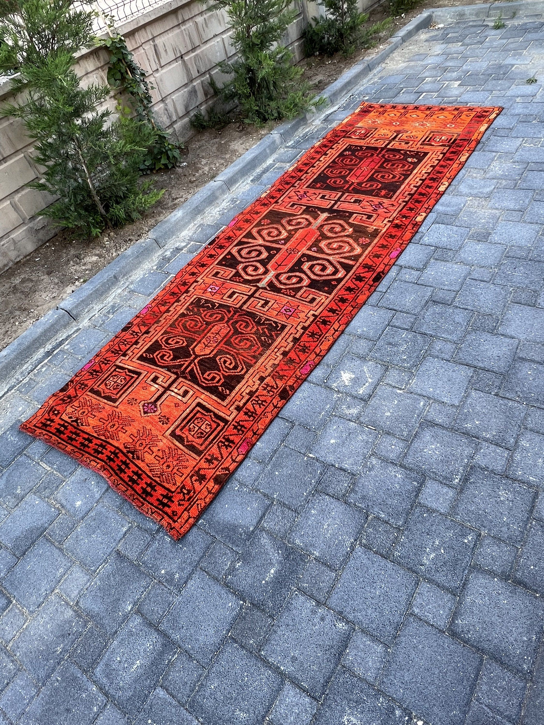 Turkish Rug, Orange  3.7x11.6 ft Runner Rug, Anatolian Rugs, Corridor Rugs, Dorm Rug, Vintage Rug, Oushak Rug, Hallway Rug