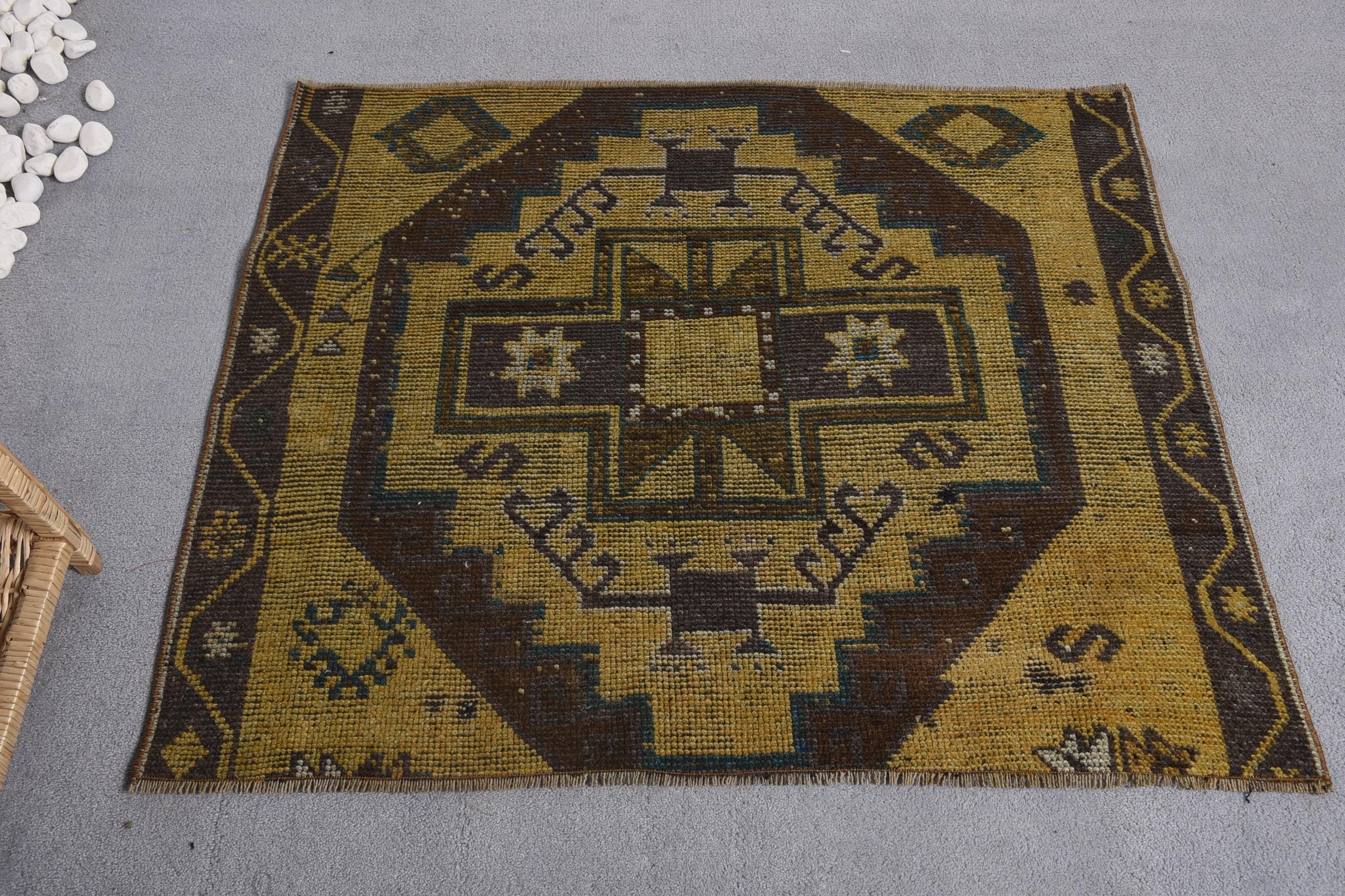 Small Boho Rug, Geometric Rugs, Home Decor Rugs, Yellow Wool Rug, Small Area Rug, 3.9x3.2 ft Small Rug, Vintage Rugs, Turkish Rugs