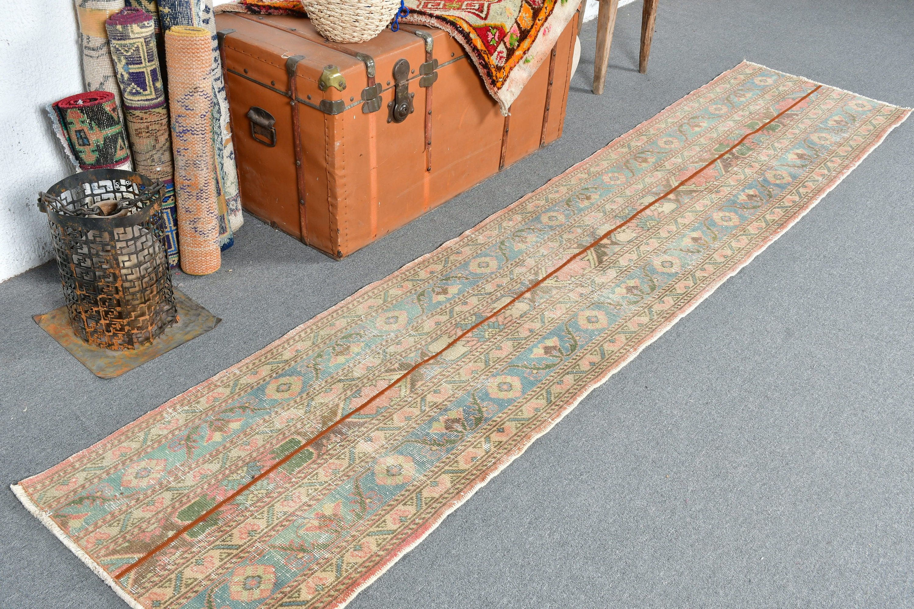 Oushak Halı, Merdiven Halısı, Yün Halı, 2.1x9.6 ft Runner Halısı, Vintage Halı, Kahverengi Oryantal Halı, Koridor Halıları, Koridor Halısı, Türk Halısı