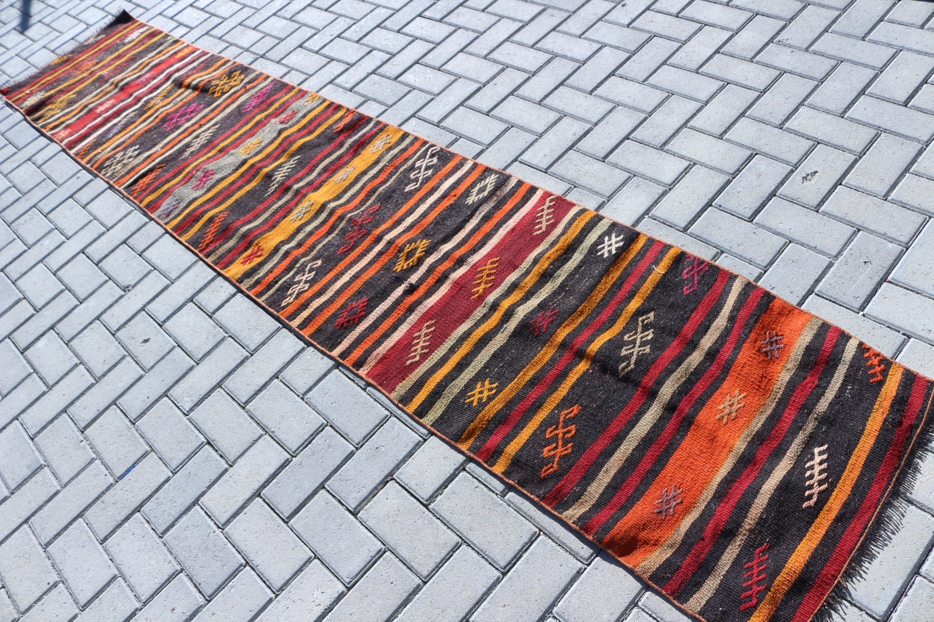 Kilim, Bright Rug, Hallway Rug, Corridor Rug, Vintage Rugs, Floor Rugs, Wool Rugs, Black Oriental Rug, 2x11 ft Runner Rug, Turkish Rugs