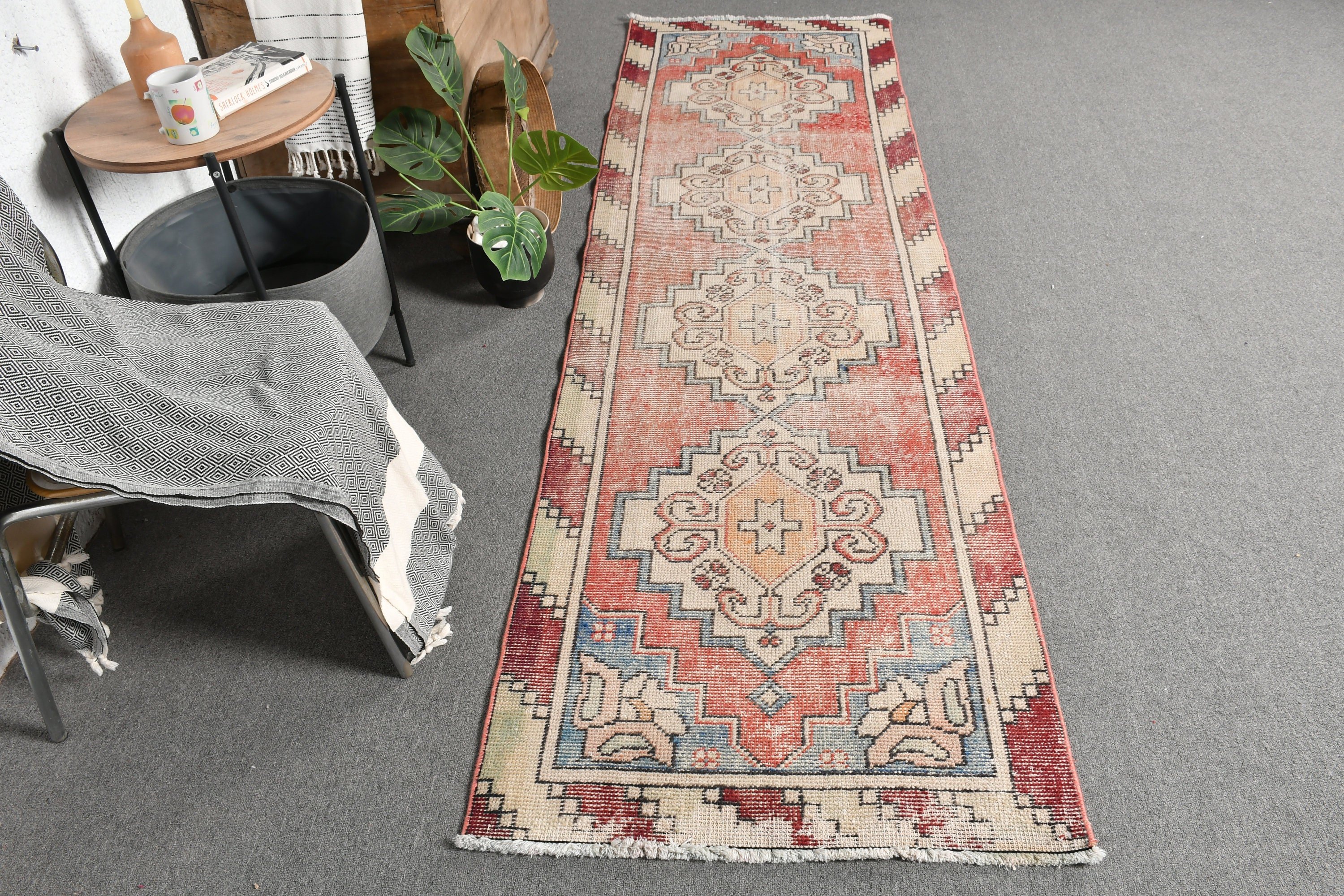 Fas Halısı, Türkiye Halıları, 2.7x9.4 ft Runner Halısı, Türk Halısı, Merdiven Halıları, Vintage Halı, Anadolu Halıları, Kırmızı Oryantal Halı, Koridor Halısı