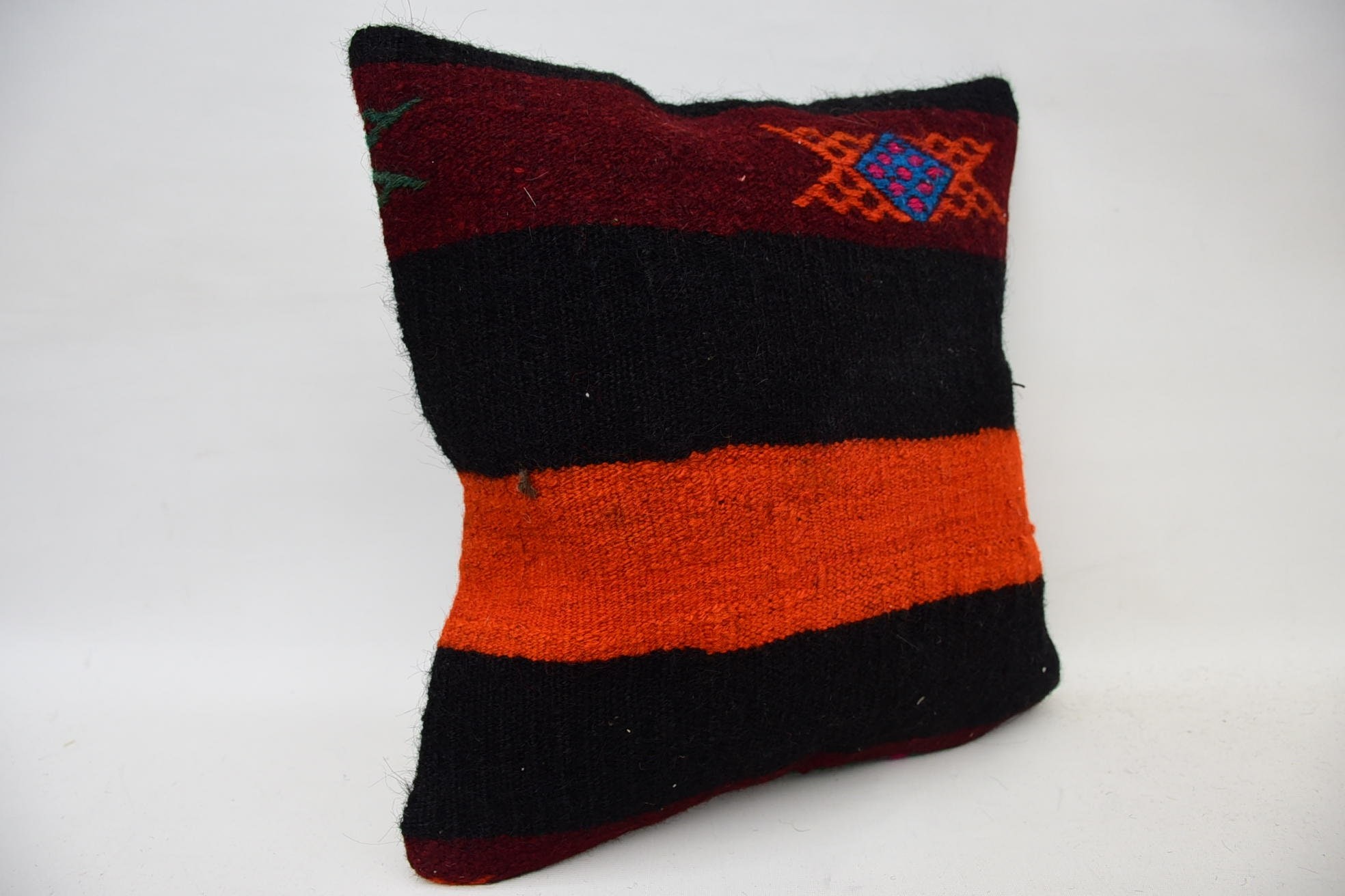 Comfy Throw Cushion, Ethnical Kilim Rug Pillow, 14"x14" Orange Pillow Cover, Handmade Kilim Cushion, Vintage Kilim Throw Pillow